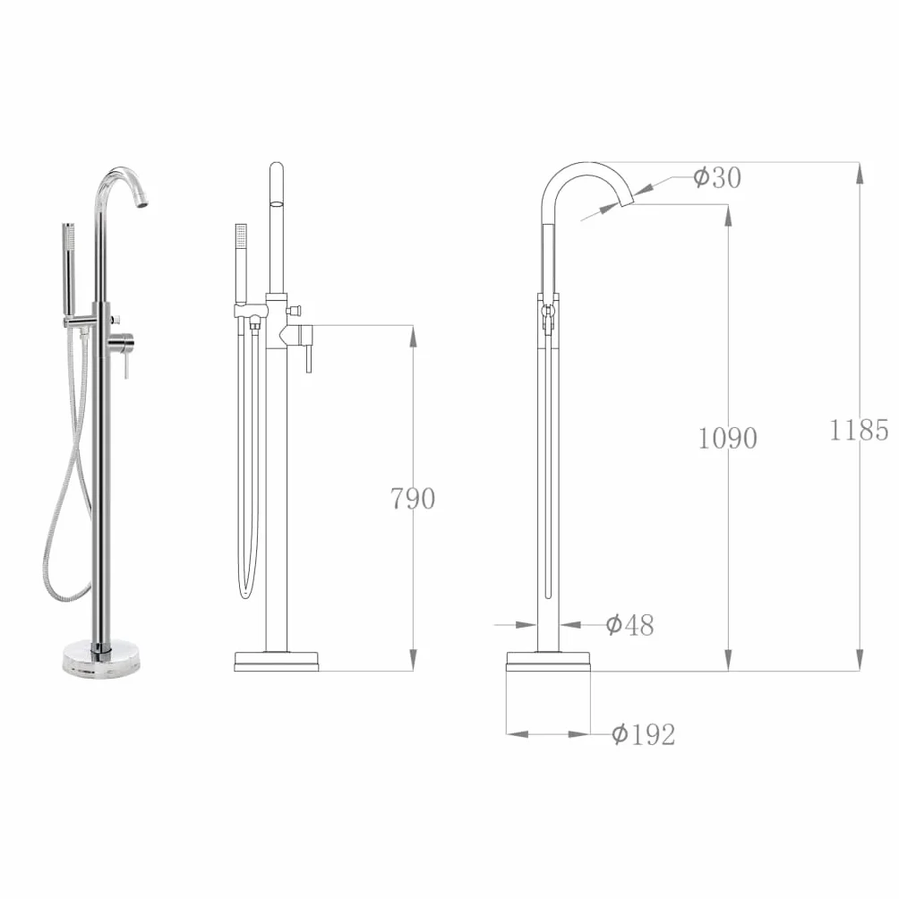 Wolnostojąca armatura wannowa ze stali nierdzewnej 118,5 cm z słuchawką prysznicową i wężem 150 cm, chromowana armatura wannowa wylewka, bateria jednoręczna do wanny, nowoczesny design