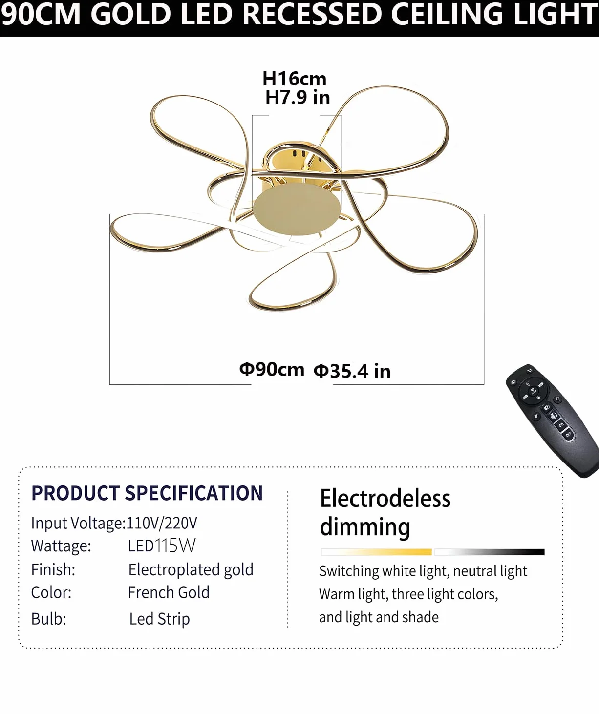 Lampa sufitowa LED do salonu Nowoczesna Prosta reatywna lampa Sufitowa z pilotem zdalnego sterowania Ściemnialne oświetlenie sufitowe Sypialnia Wpuszczane wiszące 3200-6500K (Złoto, Φ90cm)