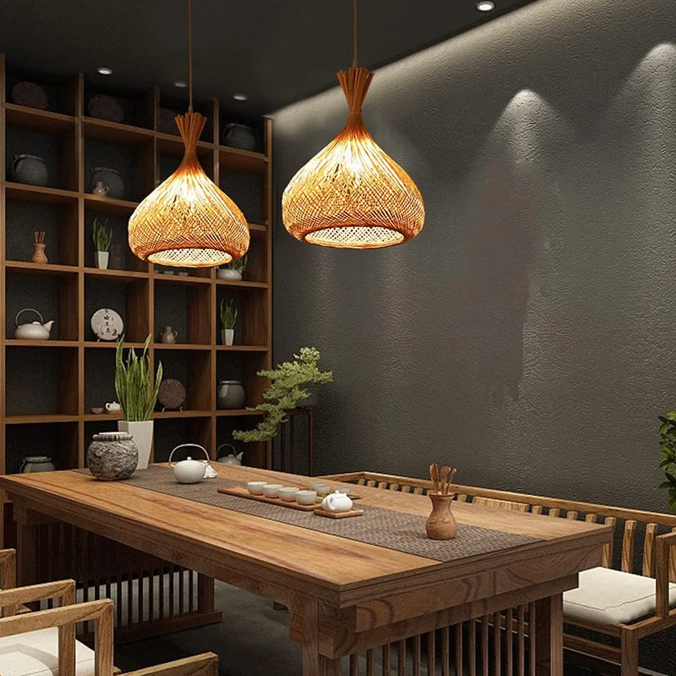 Lampa Wisząca Z Bambusowym Koszem Lampa Wisząca W Stylu Boho Naturalne Żyrandole W Kształcie Kopuły, Tkane Światło Oświetlenie Wewnętrzne Z Regulowanym Przewodem Do Jadalni, Wyspy Kuchennej,