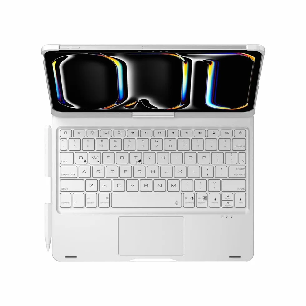Etui z Klawiaturą do iPad Air 13 (M3 2025 / M2 2024) / Pro 12.9 (6. / 5. / 4. / 3. gen), Obrotowe 360°, Podświetlana Klawiatura 7 Kolorów z Gładzikiem, Silver