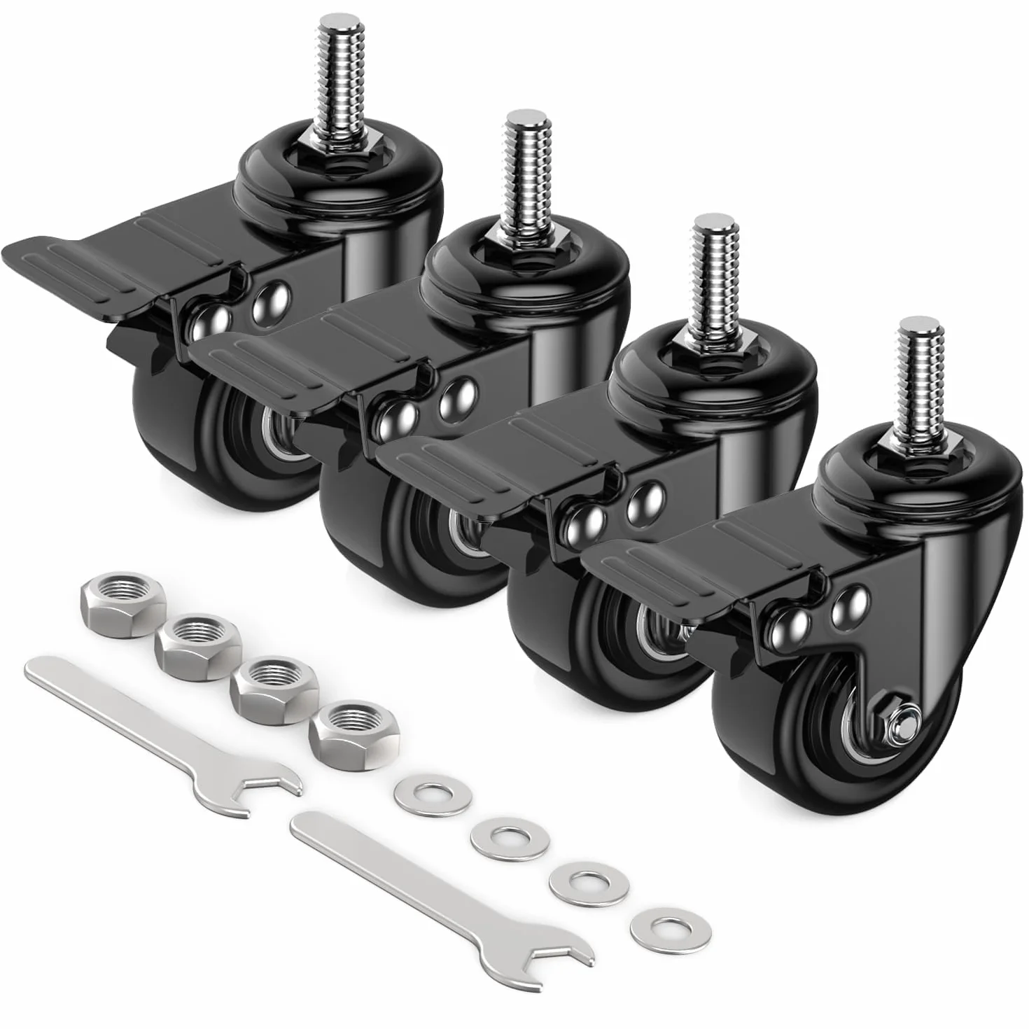 Zestaw 4 kółek 2-calowych, kółka z gwintowanym trzpieniem - 3/8"-16 x 1 (średnica trzpienia 3/8", długość trzpienia 1"), blokowane obrotowe koła poliuretanowe - obciążenie 600 funtów