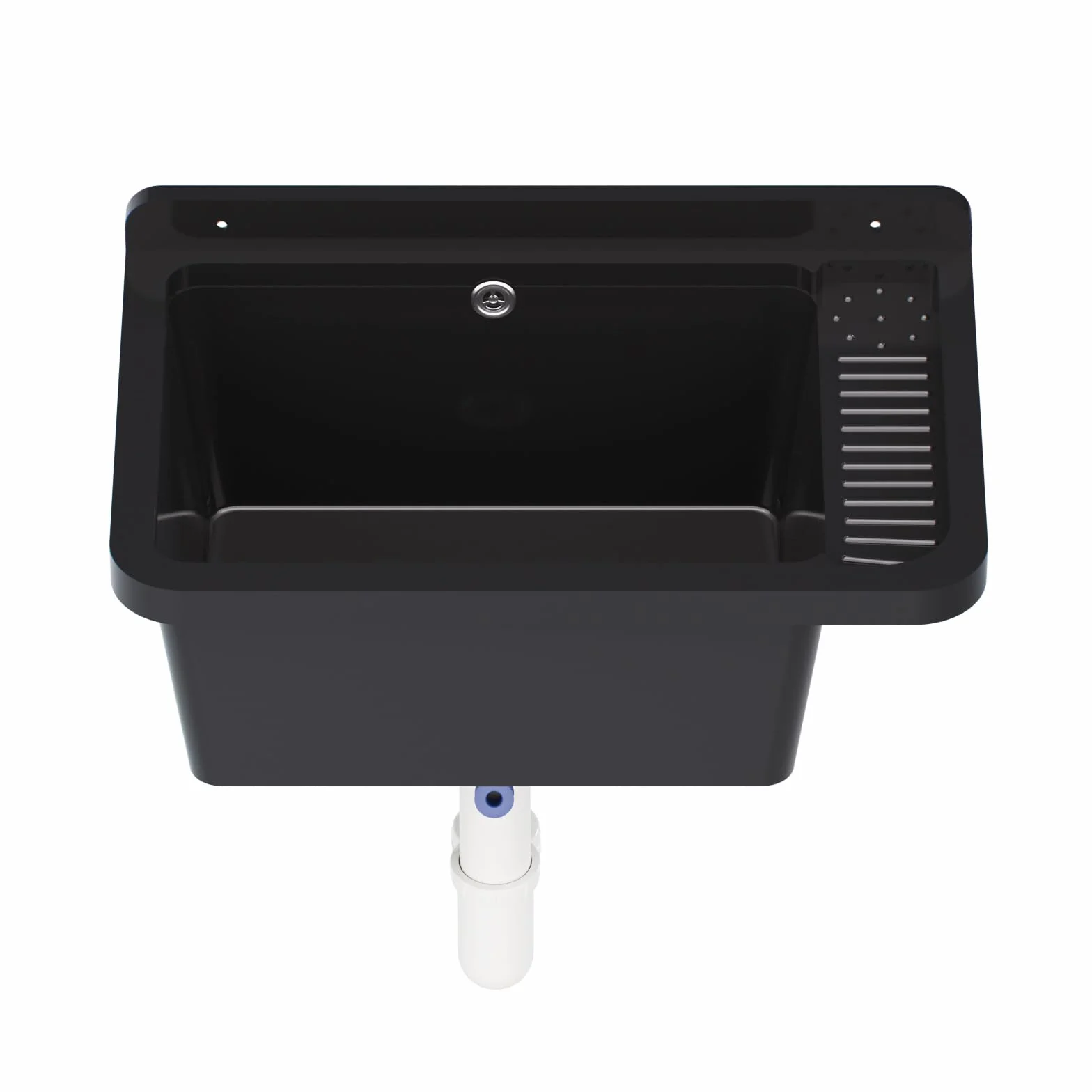 QLS Zlew PP 50,8x33,8 cm z syfonem i zestawem czarny | Do garażu, warsztatu i pralni. Odporny na ciepło, łatwy w czyszczeniu, z zestawem montażowym