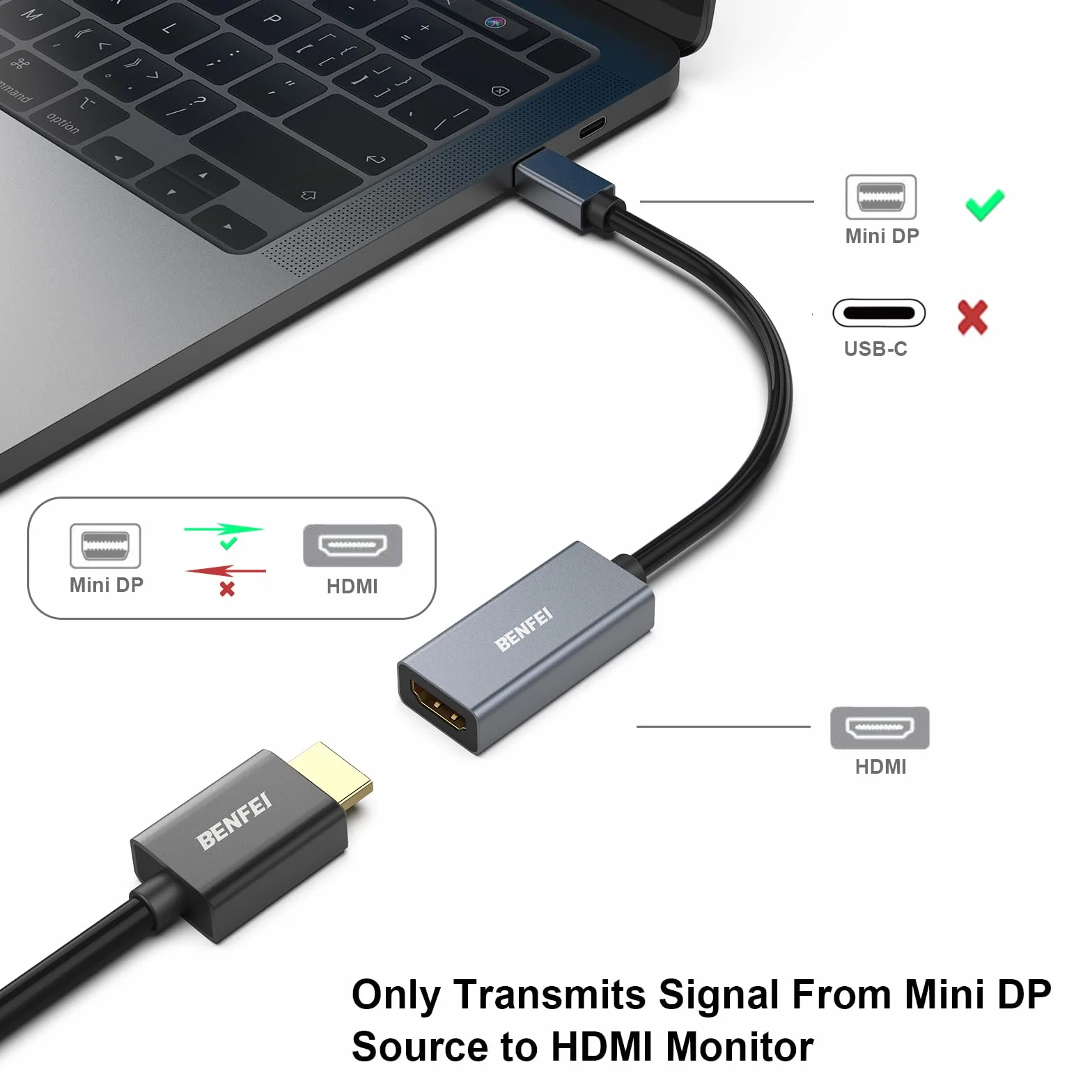 BENFEI Adapter Mini DisplayPort na HDMI, adapter Thunderbolt 2 na HDMI kompatybilny z MacBook Air/Pro, Microsoft Surface Pro/Dock, monitor, projektor, pozłacane złącza i aluminiowa powłoka