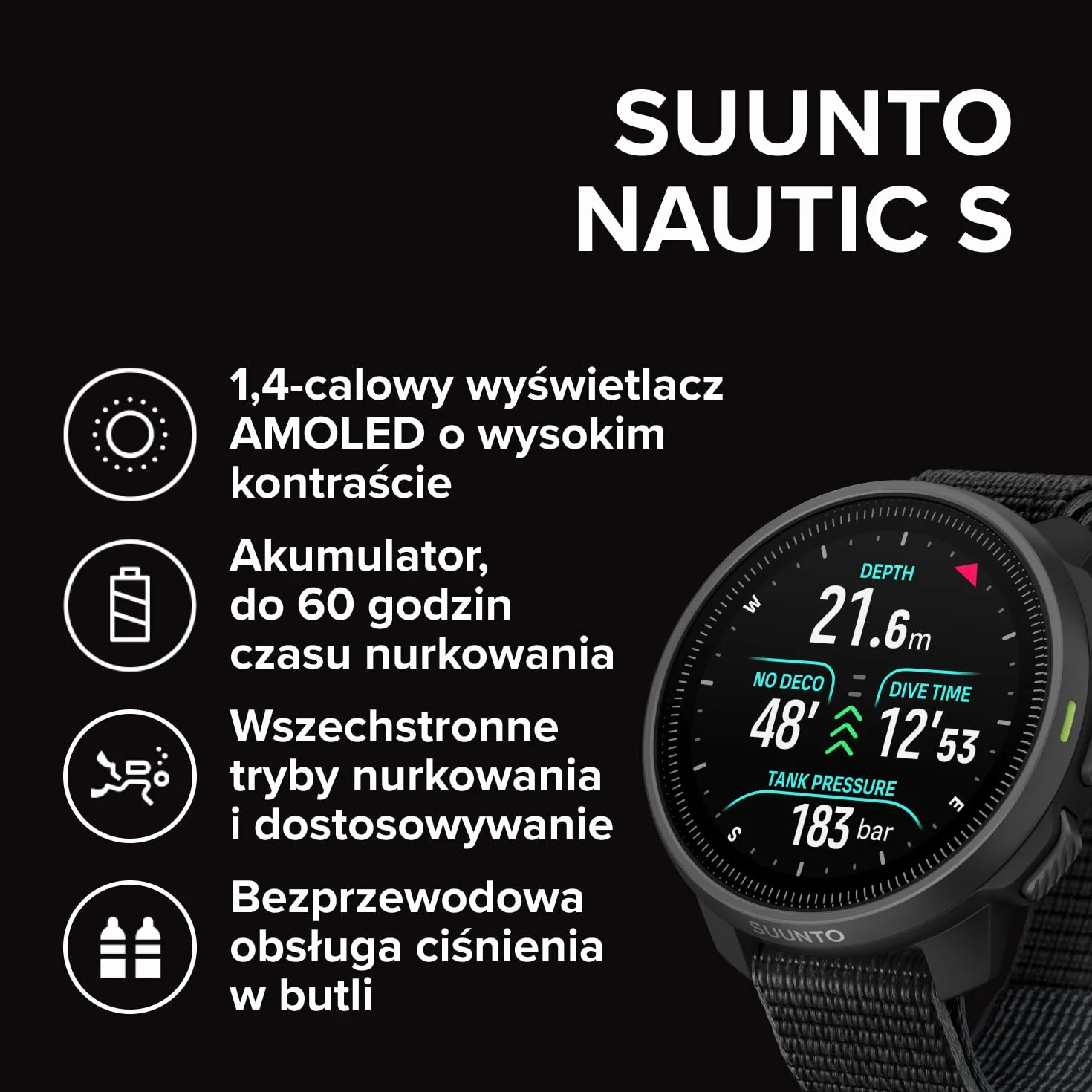 Suunto Nautic S Komputer nurkowy AMOLED GPS mapy offline bezprzewodowy pomiar ciśnienia 60h