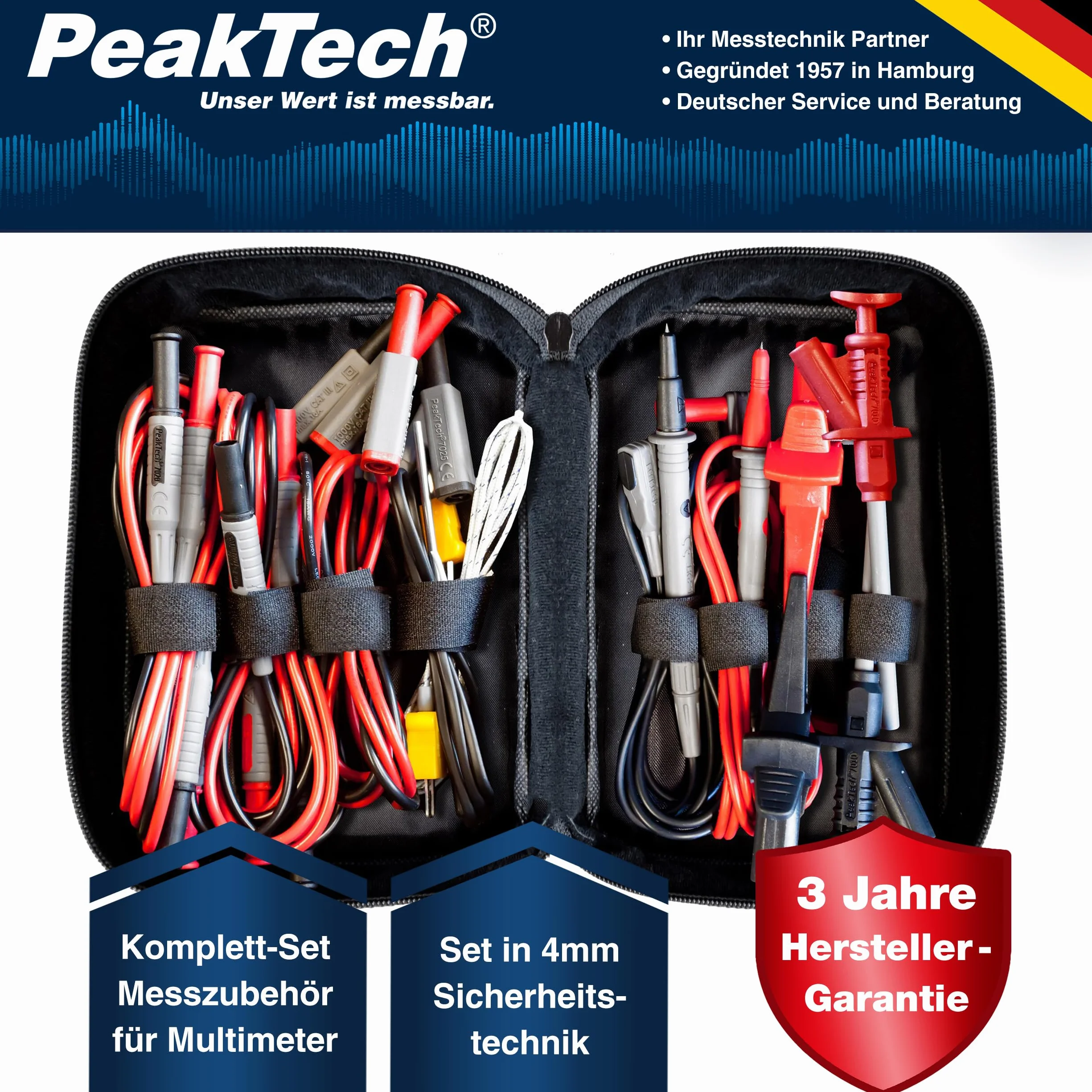 Peak Tech P 8200 — Zestaw akcesoriów pomiarowych do multimetrów cyfrowych, zestaw kabli testowych, seria elektroniki z kablami testowymi, kable laboratoryjne, przewody pomiarowe, klipsy krokodylkowe, zasilanie bateryjne - 14-częściowy z torbą