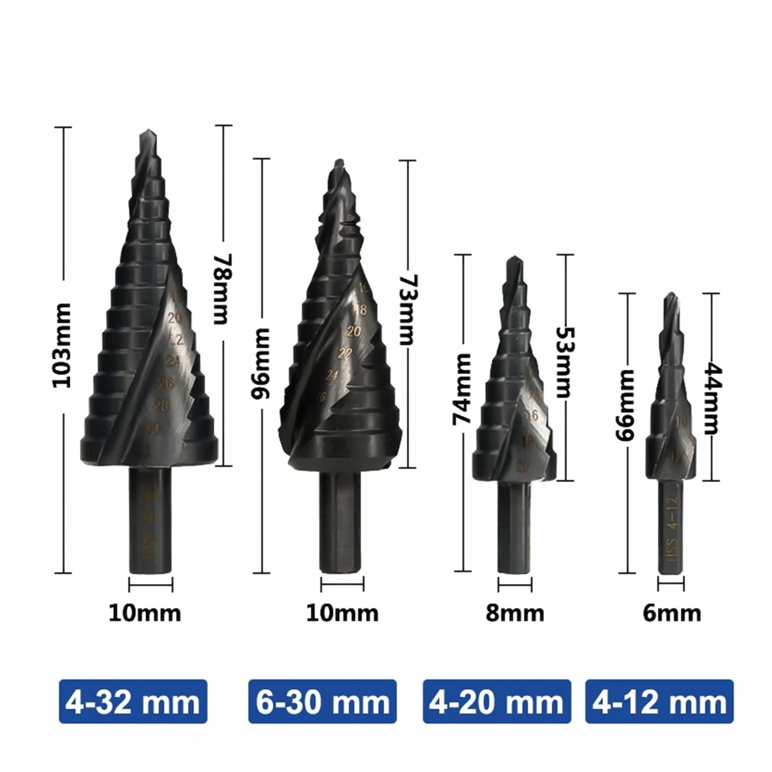 4-12/20/32mm 6-30mm Wiertło stopniowe HSS Frez do otworów stożkowych | Narzędzie do wiercenia w drewnie i metalu, uchwyt trójkątny pokryty azotkiem, stal szybkotnąca