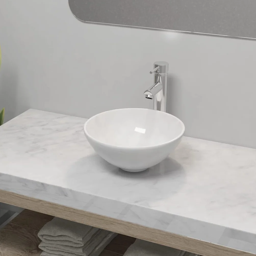 Ceramiczna umywalka łazienkowa okrągła biała z chromowaną baterią mieszającą, umywalka nasadowa 325 x 140 mm, łącznie z kranem, elastycznymi wężami, akcesoriami montażowymi do łazienki