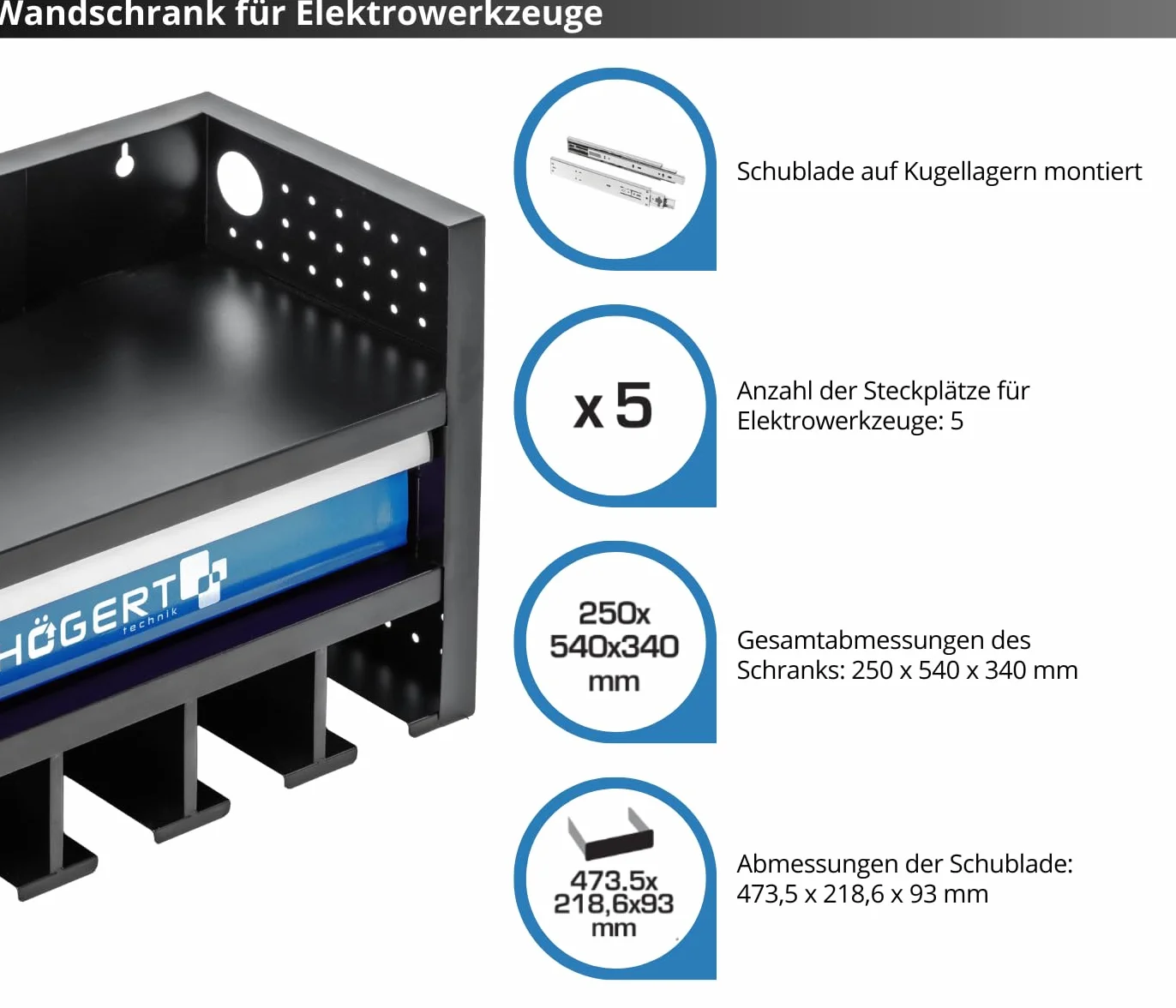 Högert Technik - Szafka ścienna do elektronarzędzi z szufladą | szuflada montowana na łożyskach kulkowych | montaż ścienny regał do przechowywania, śrubokręt, uchwyt na narzędzia, regał na narzędzia