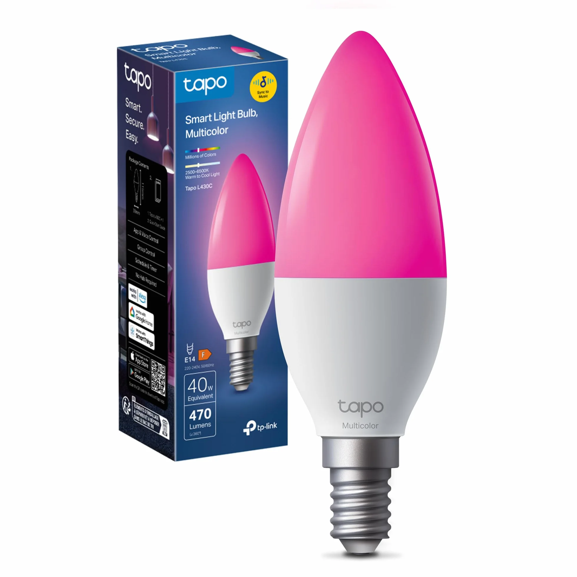 Tapo Żarówka Connected WiFi, wielokolorowa żarówka LED E14 2500K-6500K, możliwość ściemniania 40 W 470 lm, współpracuje z Alexa, sterowanie głosowe, oszczędność energii, L430C.