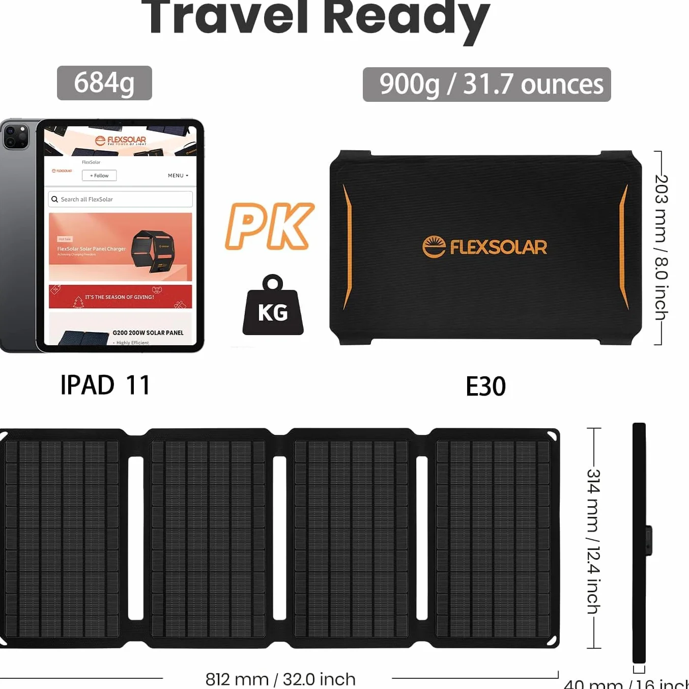 FlexSolar Przenośna ładowarka do paneli słonecznych 30 W, wodoodporny, składany panel słoneczny IP67 z portem USB QC3.0/DC, kompatybilny ze Smarthone, powerbankiem, elektrownią, do aktywności na