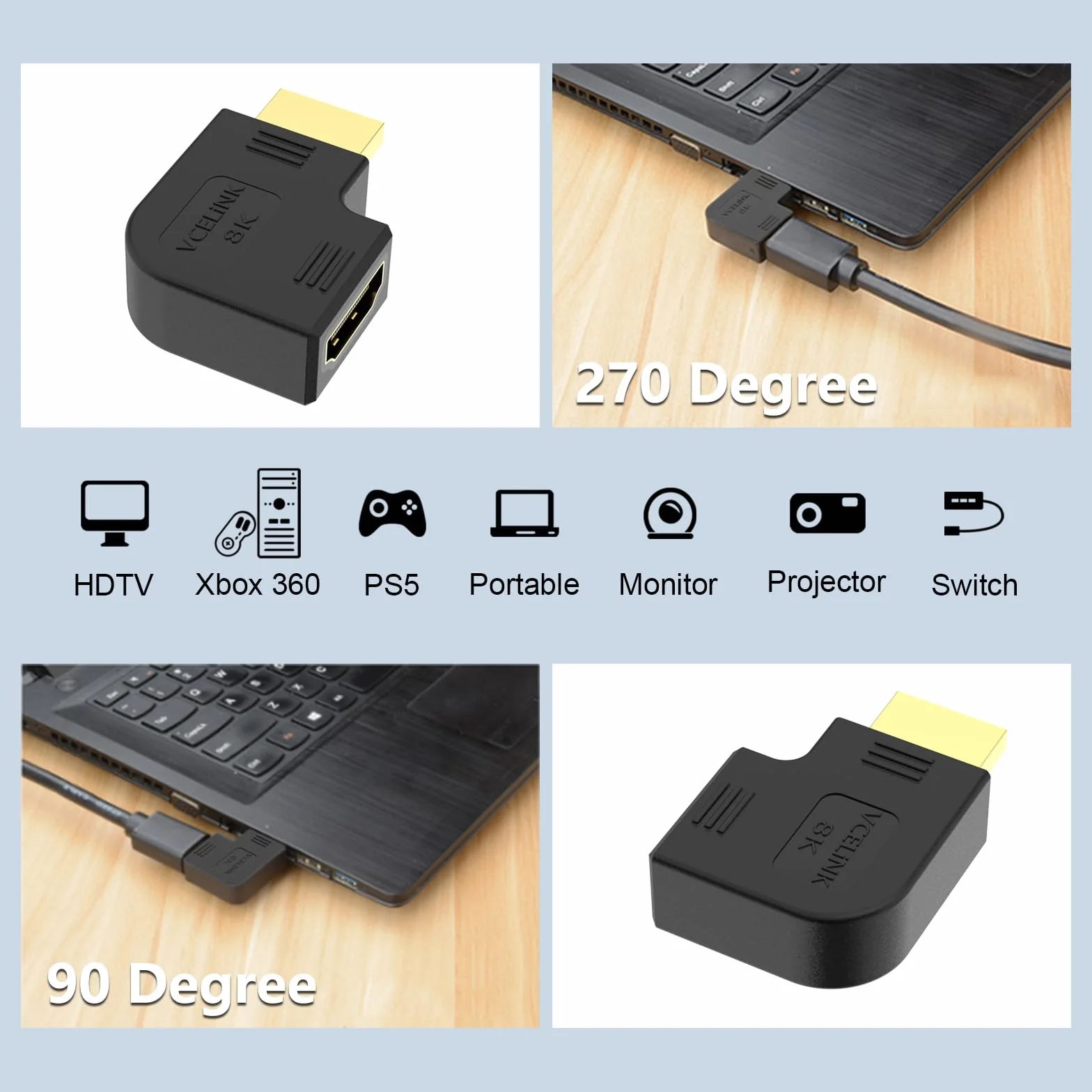 VCELINK 8K HDMI Kąt wtyczki 90 i 270° 8K@60Hz 4K@120Hz eARC HDR Dolby do montażu na ścianie