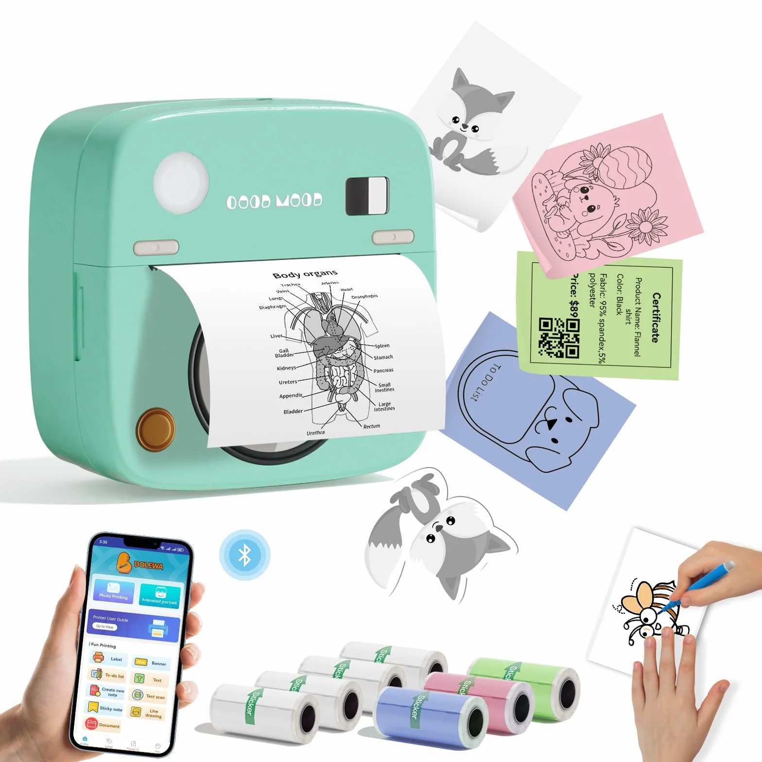Mini Drukarka Termiczna Bluetooth LX-D2 z 8 Rolkami Naklejek do Smartfonów