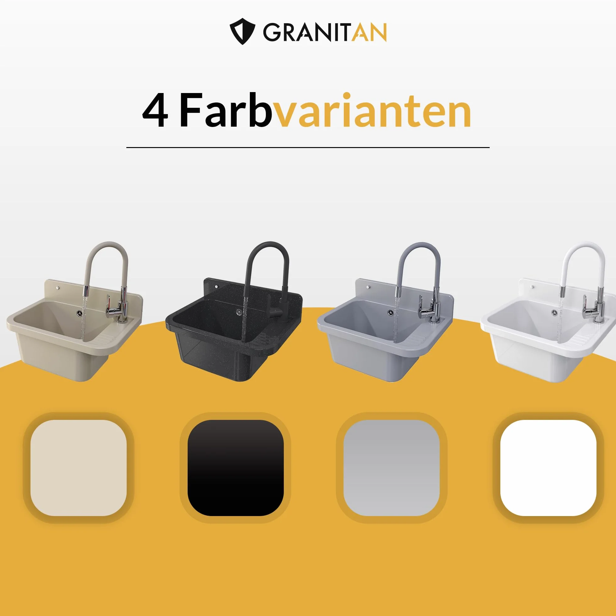 Granitan Umywalka do garażu, piwnicy, warsztatu i pralni – uniwersalne koryto z syfonem – umywalka do montażu na ścianie – 50 x 34 x 31 cm (biała + armatura umywalkowa FLEX)