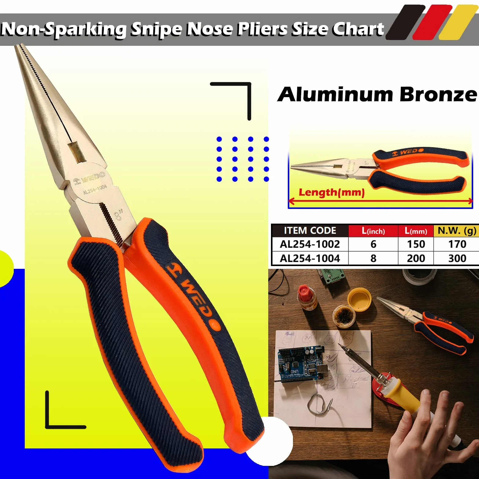 WEDO Szczypce igiełkowe nieparkingowe, 20 cm, precyzyjne szczypce z długim nosem, szczypce do cięcia drutu, standard DIN, certyfikat BAM i FM, brąz aluminiowy