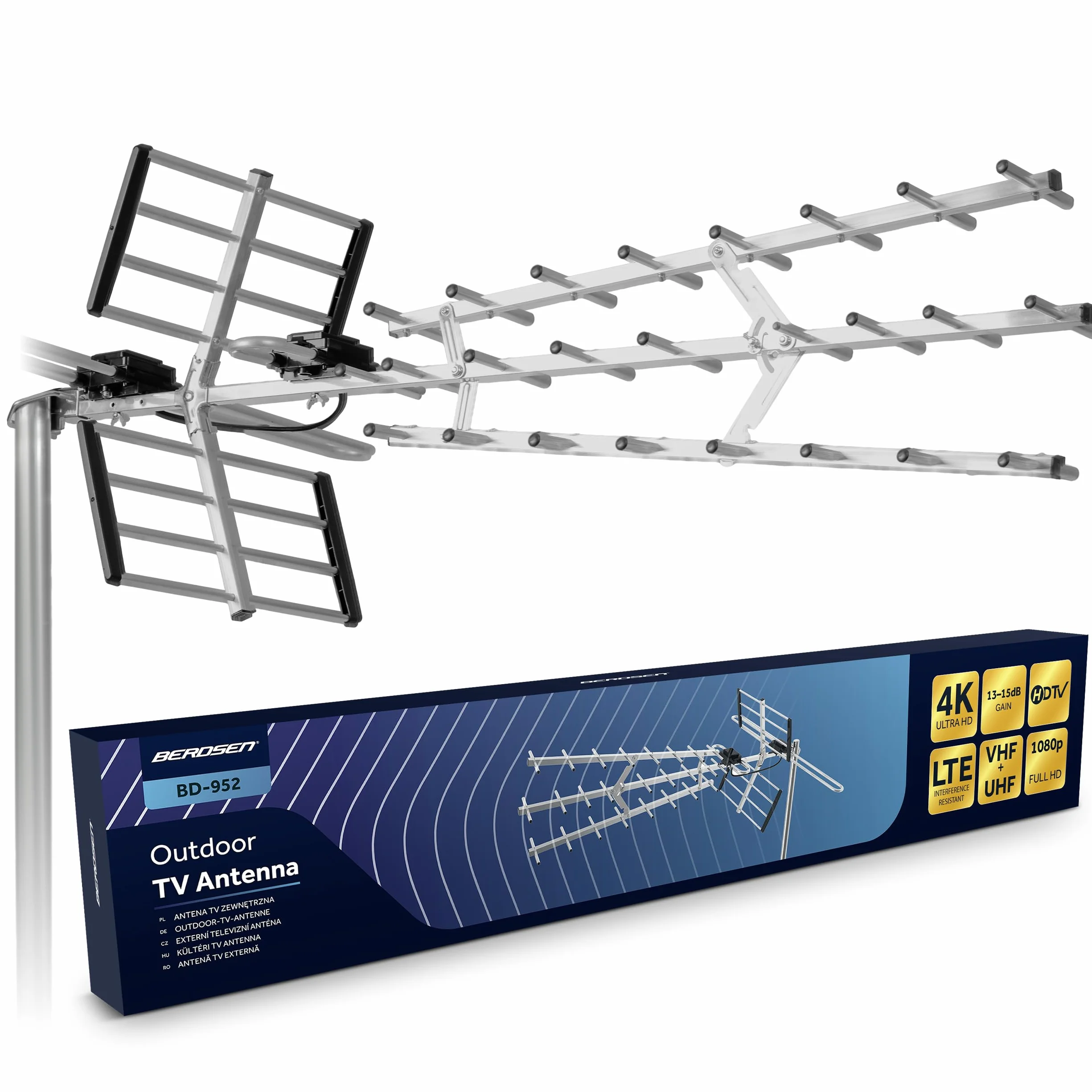 Berdsen Antena DVB-T2 Wewnętrzna 13-15 dB 80 km Outdoor Filtr LTE Full HD 4K