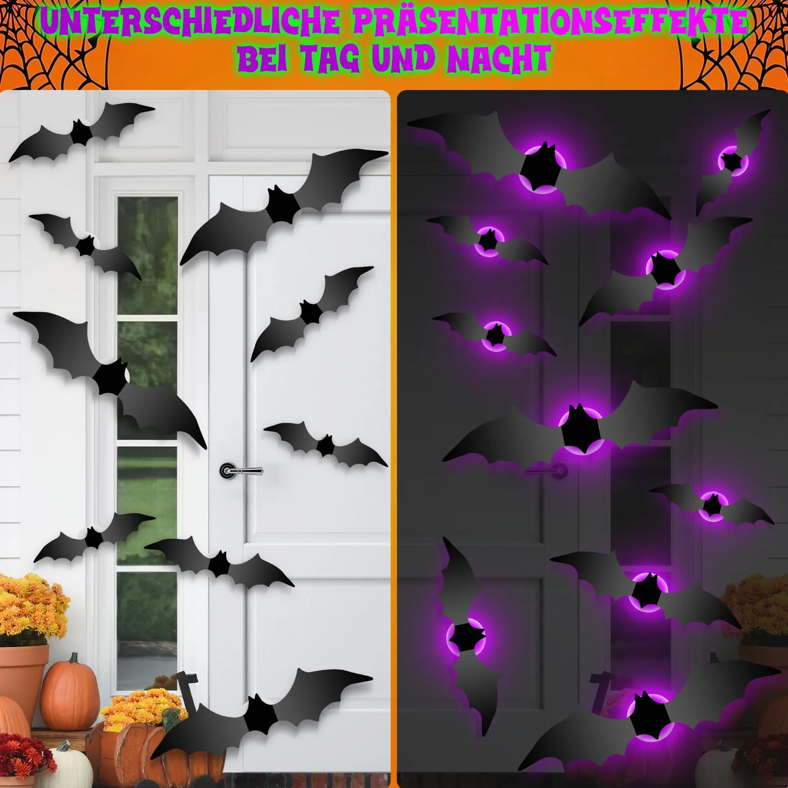 GoldRock 28 szt., 4 rozmiary, 3D nietoperz dekoracyjne naklejki LED na Halloween, duże naklejki dekoracyjne nietoperze na Halloween, gotyckie naklejki dekoracyjne nietoperze, Halloween nietoperze LED