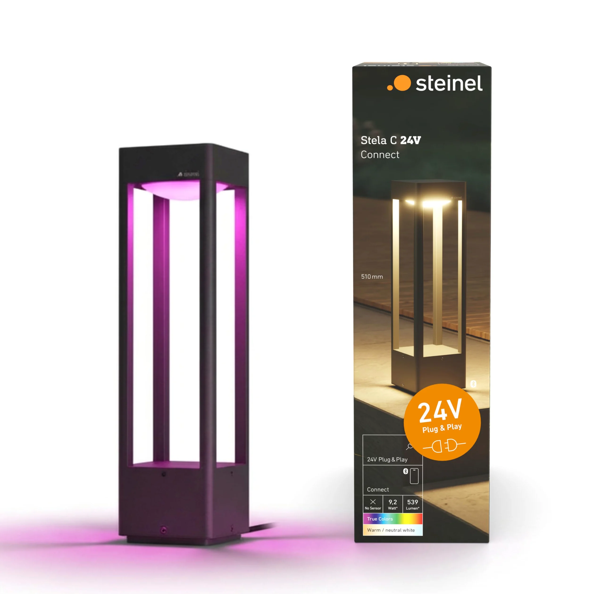 Steinel Lampa ogrodowa Stela C 24 V, 51 cm, lampa słupkowa RGBWW, 16 mln kolorów, czujnik zmierzchu, timer, sterowanie przez aplikację, Plug & Play, IP65, antracyt