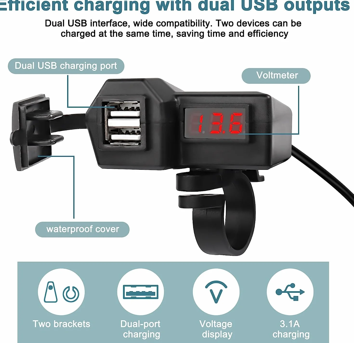 Ładowarka motocyklowa USB 5V 3.1A Podwójna z Voltmetrem LED Wodoodporny Uchwyt na Kierownicę 55cm