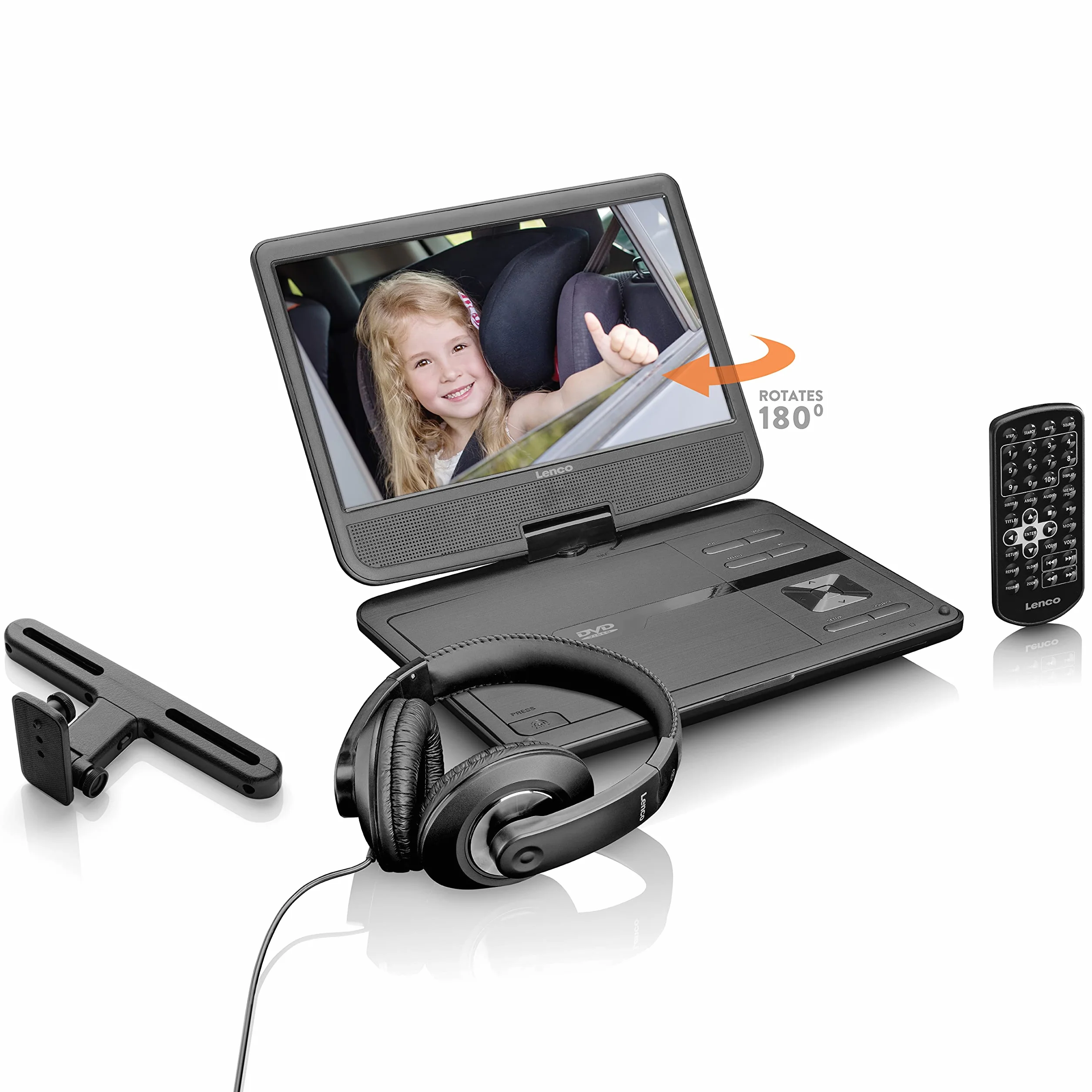 Lenco 10 cali Przenośny Odtwarzacz DVD (1024 x 600 pikseli, 12 V, 1 W, Wbudowany Akumulator, USB, Czarny)
