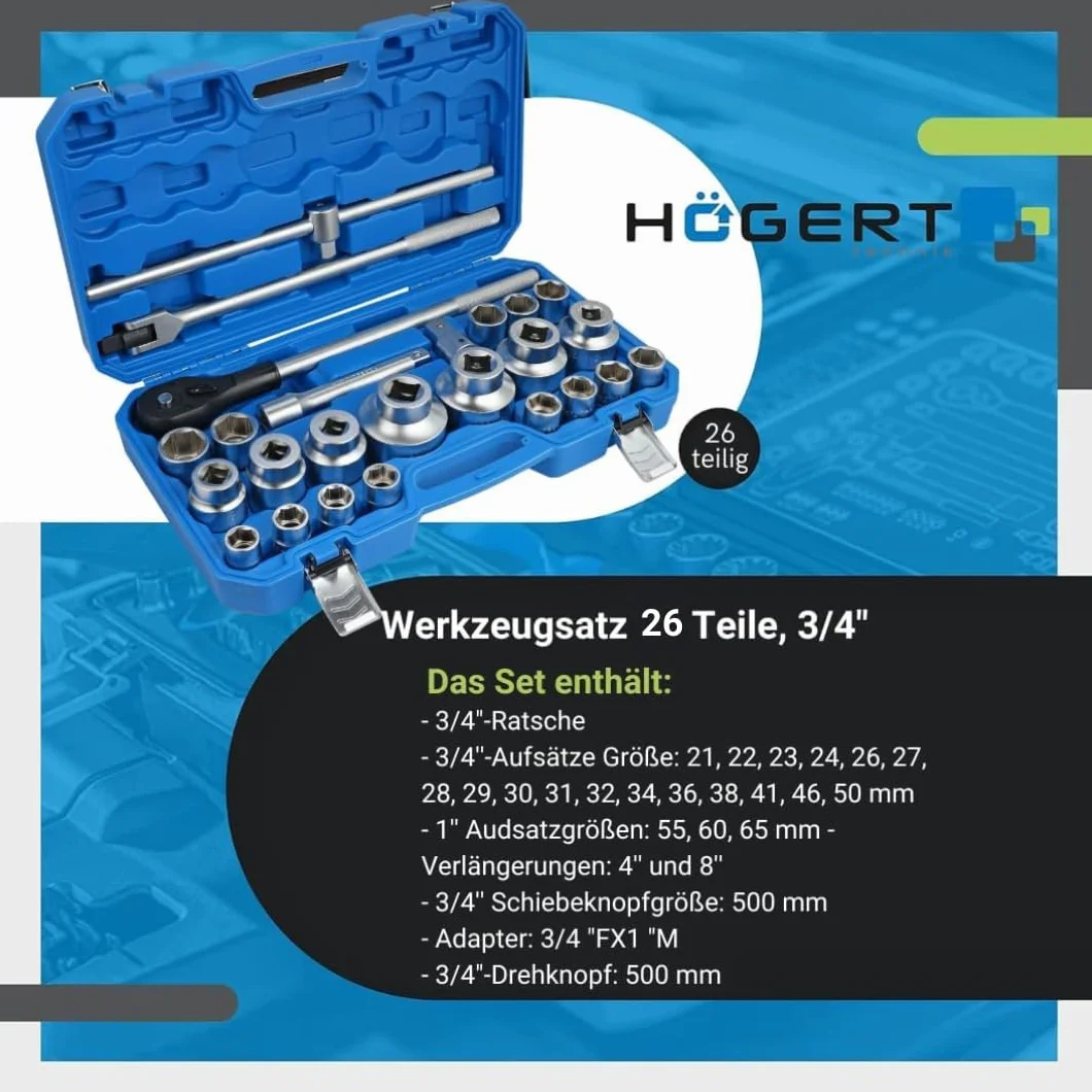 Högert Technik - Zestaw narzędzi 26 części, 3/4" | zestaw narzędzi | grzechotka i nasadki oraz inne akcesoria 3/4" i 1" | stop stali chromowo-wanadowej