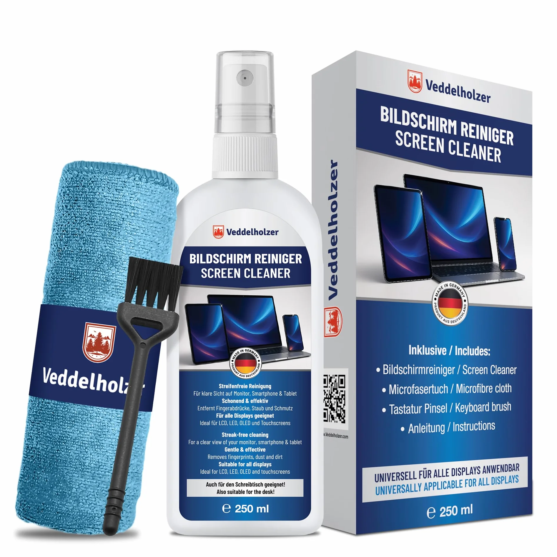 Veddelholzer Zestaw do czyszczenia ekranu 250 ml – ściereczka z mikrofibry i pędzelkiem do klawiatury – do laptopa, monitora, telewizora, smartfona, wyświetlacza samochodowego – czyszczenie wszystkich