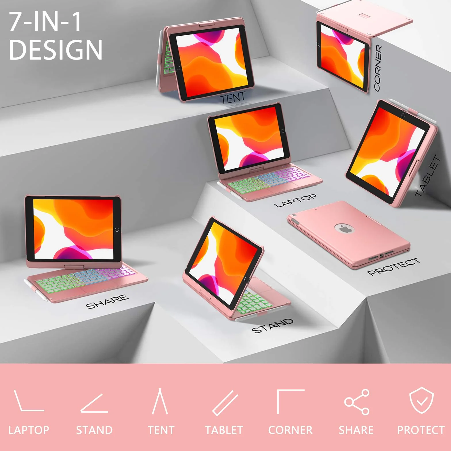 SZO Etui na klawiaturę iPad 10.2 z Touchpadem Bluetooth Podświetleniem Różowy