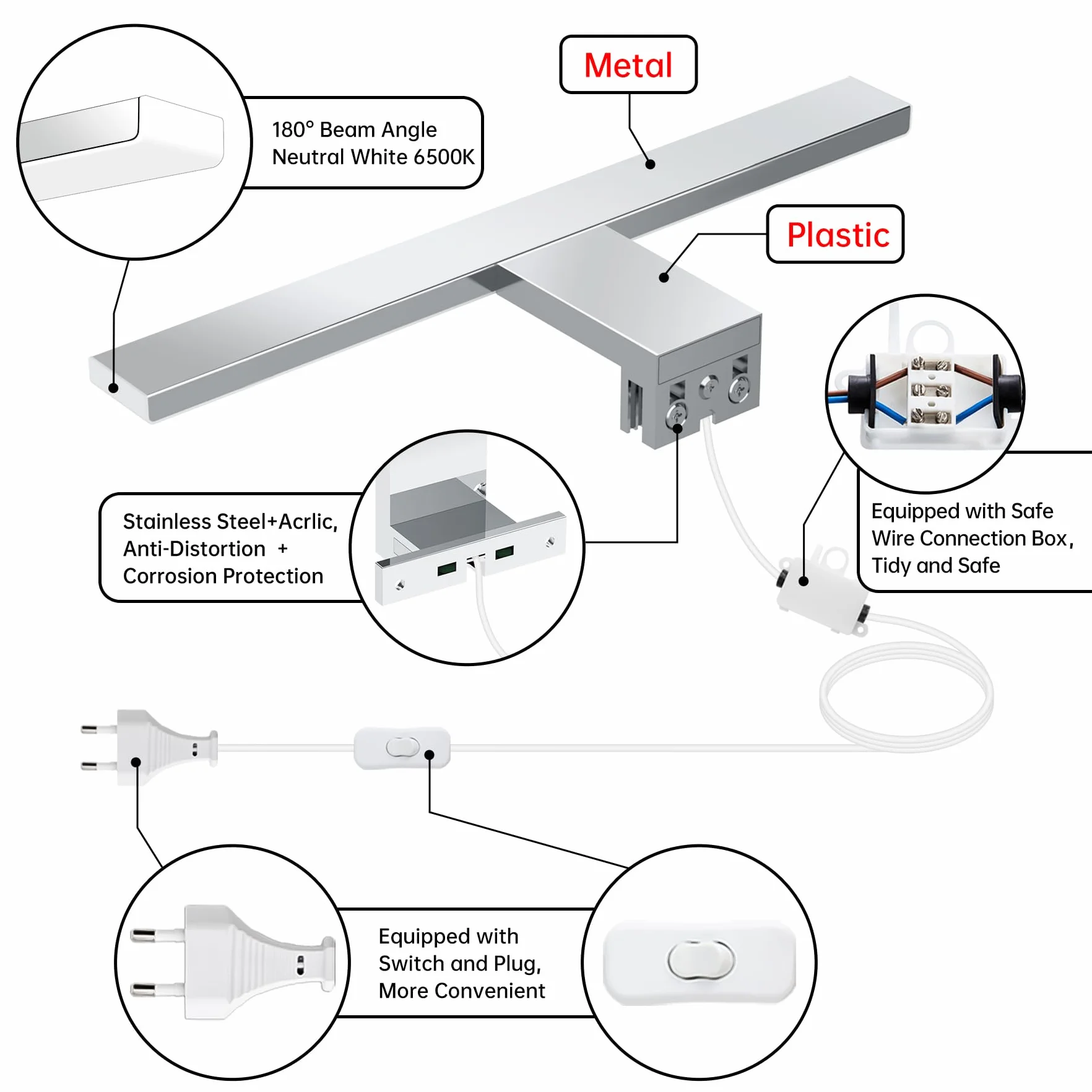 Lampa łazienkowa LED nad lustro, 5 W, neutralna biel, 4000 K, lampa ścienna 500 lm, lampa do lustra z wtyczką, montaż 3 w 1, 30 cm, IP44, lampa łazienkowa z lustrem, 230 V, 300 mm