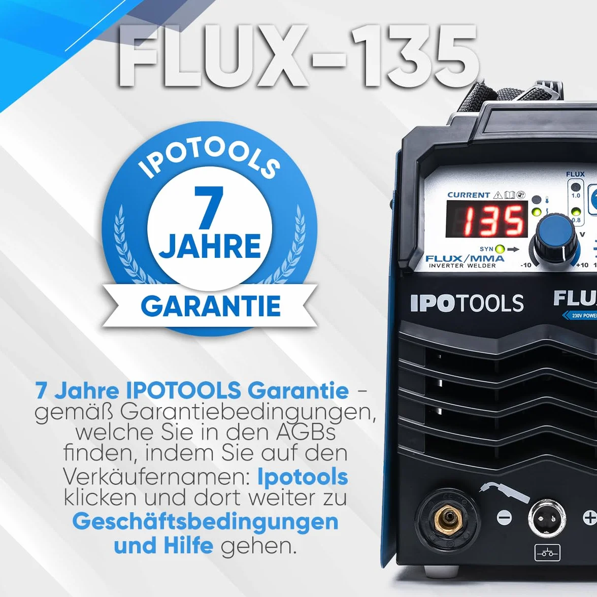 IPOTOOLS FLUX-135 spawarka drutem rdzeniowym bez gazu 135 A – 3 w 1 FLUX/ARC/MMA inwerterowa spawarka z synergicznym posuwem drutu, IGBT, 230 V, kompaktowa i przenośna