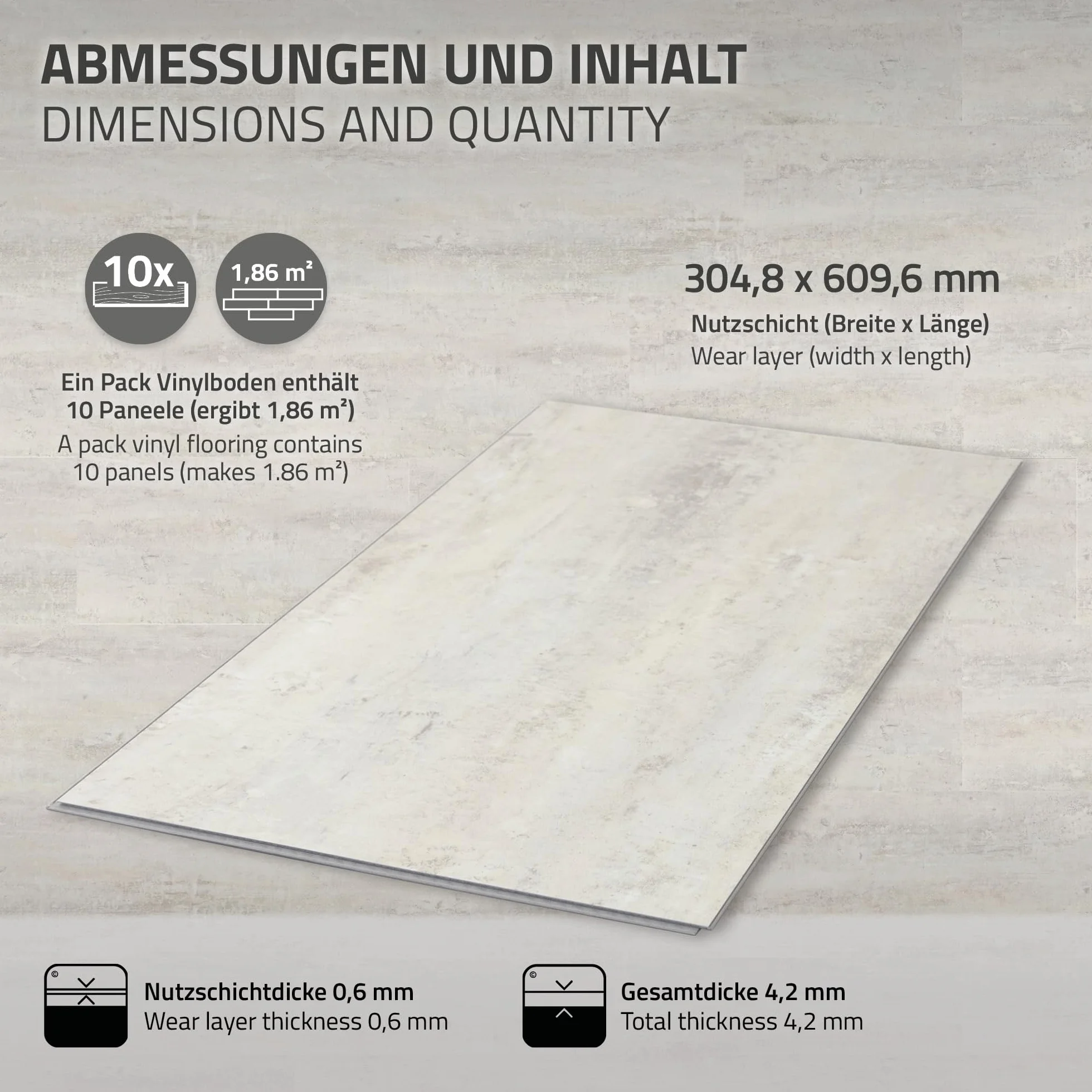 ML-Design Podloga Winylowa Klik, Panele Winylowe z Systemem Klik i Izolacja Akustyczna, Antyposlizgowe, Wodoodporne 9,3 m² / 50 Desek, 61 × 30,5 cm, Grubosc 4,2 mm Szare Efekt Jasnego Betonu
