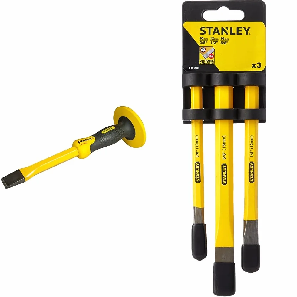 Stanley 418332 Fatmax Zimne Dłuto, 30 cm & Stanley Zestaw precyzyjnych płaskich dłut (3-częściowy, stal chromowo-wanadowa, 10 x 140 mm, 12 x 150 mm, 16 x 170 mm) 4-18-298