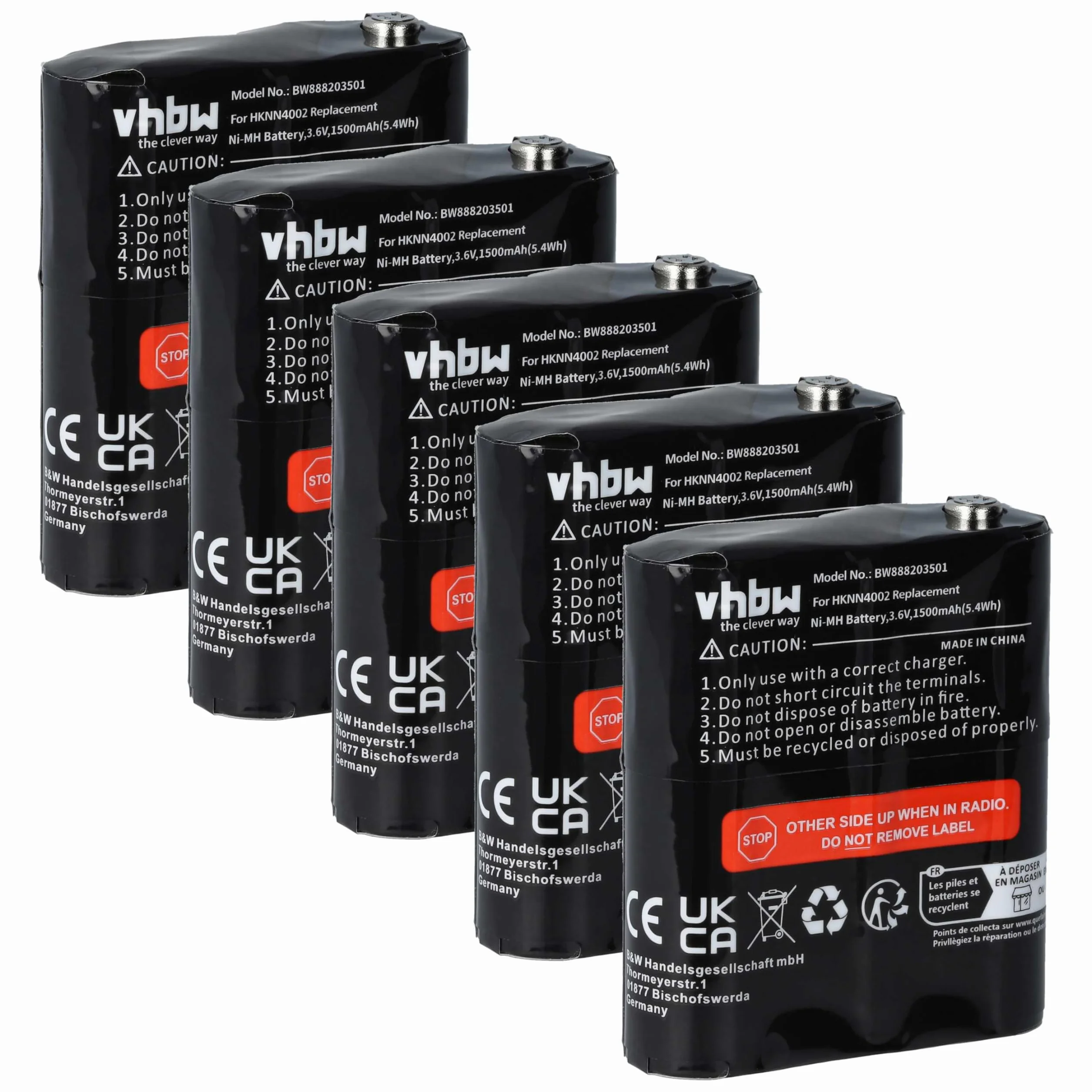 vhbw Zestaw 5 baterii zamiennik Motorola NNTN4385 PMNN4477 NNTN4384 PMNN4477A PMNN4477AR do radia 1500mAh 3,6V NiMH