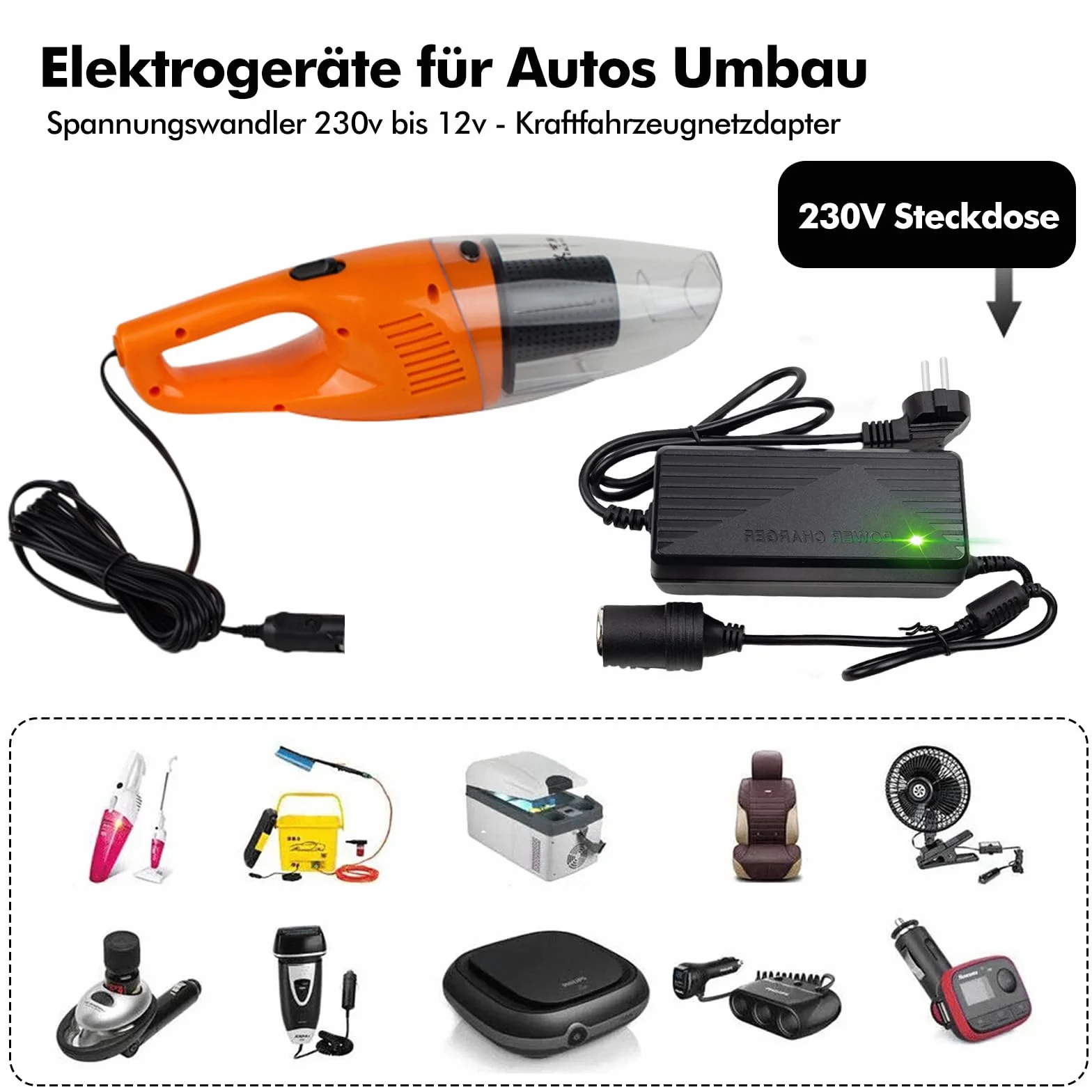 Przetwornica napięcia 230 V na 12 V, 180 W, 15 A, zasilacz sieciowy 12 V, adapter do zapalniczki samochodowej, gniazdo AC na DC do odkurzaczy, sprężarek, lodówek