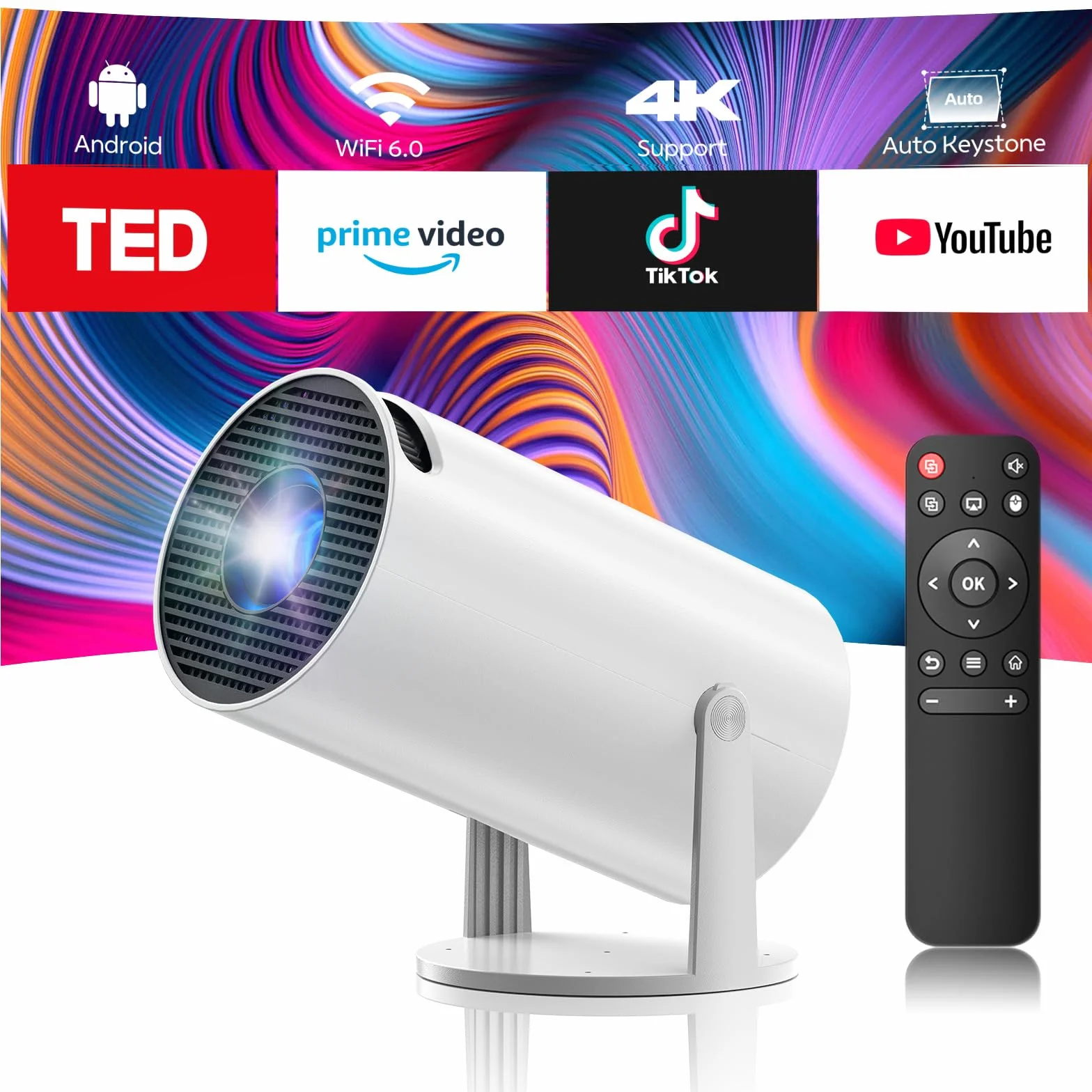 Mini projektor 4K WiFi 6 BT 5.0 Android 11 automatyczny Keystone 220° przenośny HDMI USB