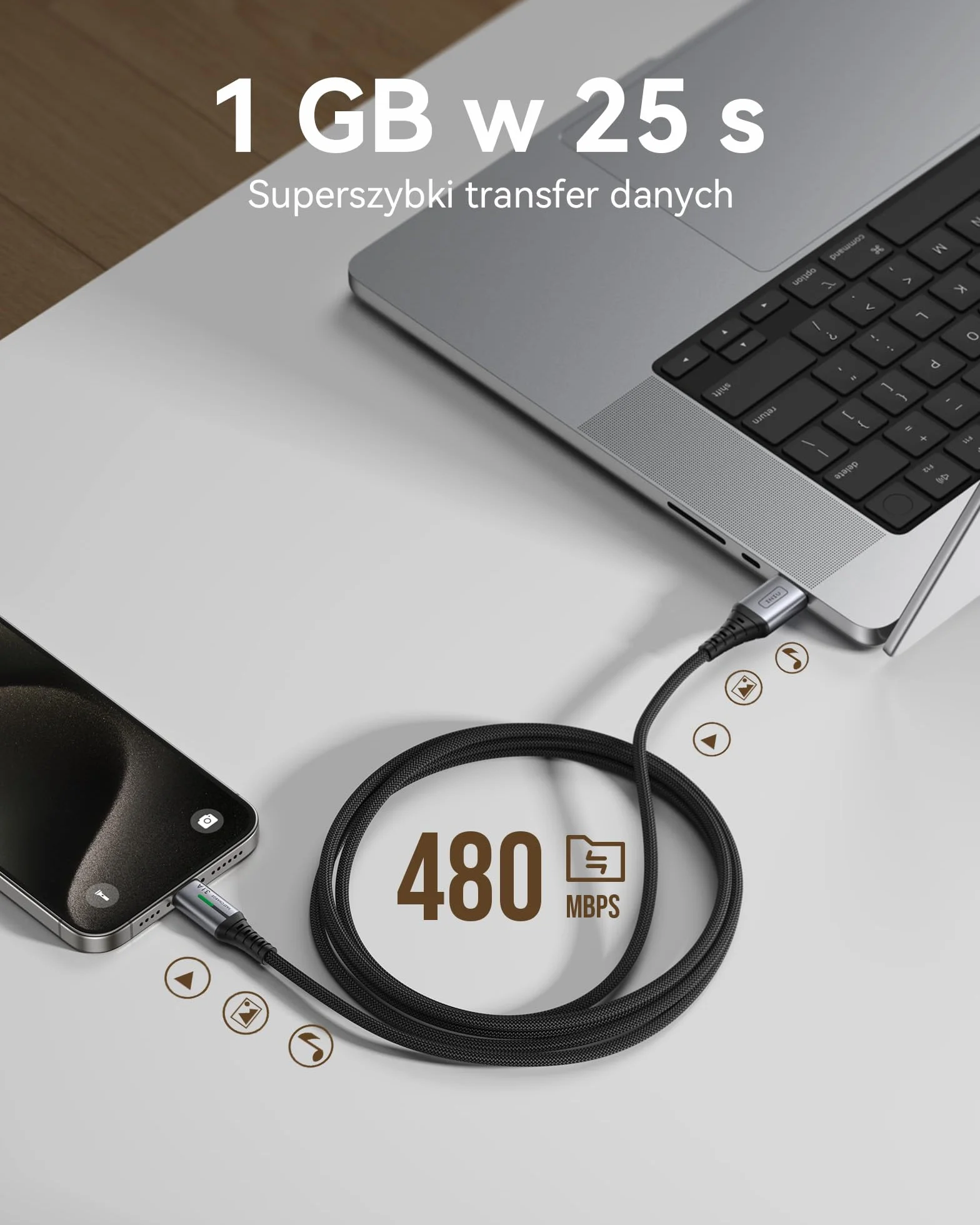 INIU Kabel USB C 2m 3.1A Ładowarki Typu C Szybkie Ładowanie Pleciony Kabel Danych USB-C ze Stopu Cynku