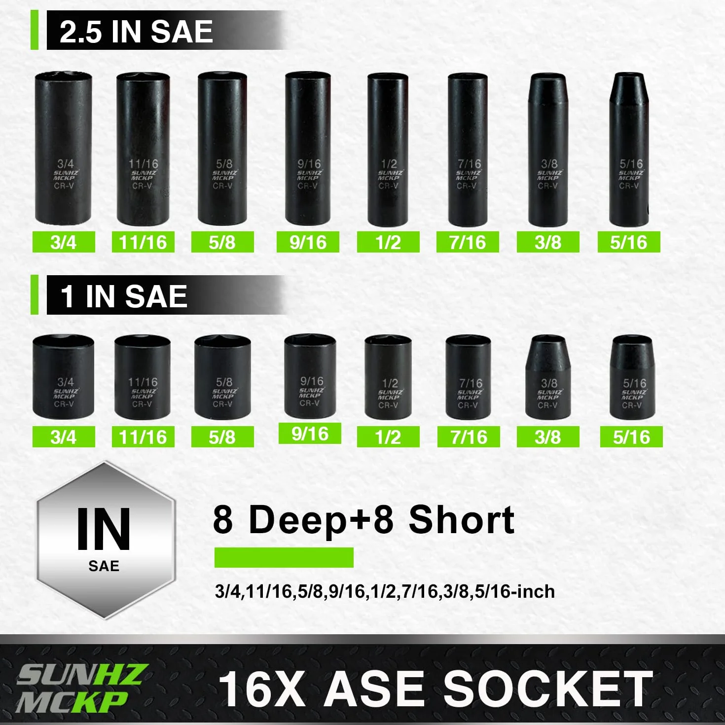 SUNHZMCKP Zestaw nasadek udarowych 3/20.3 cm, 52-częściowy standardowy SAE (5/16-3/10.2 cm) i metryczne (8-22 mm) płytkie i głębokie gniazda, z regulowanym uchwytem z grzechotką, przedłużaczami,