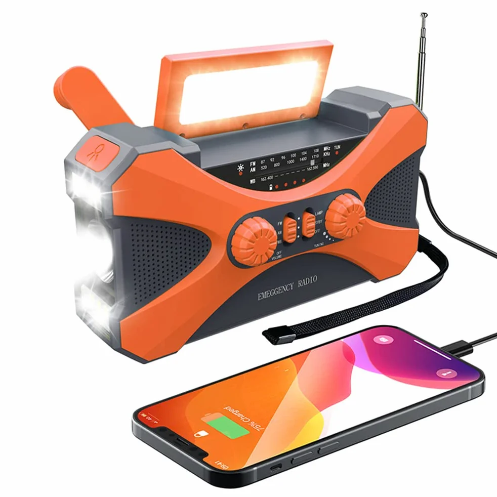 Radio korbowe AM/FM z ładowarką telefonu, akumulator 10000 mAh, latarka LED SOS