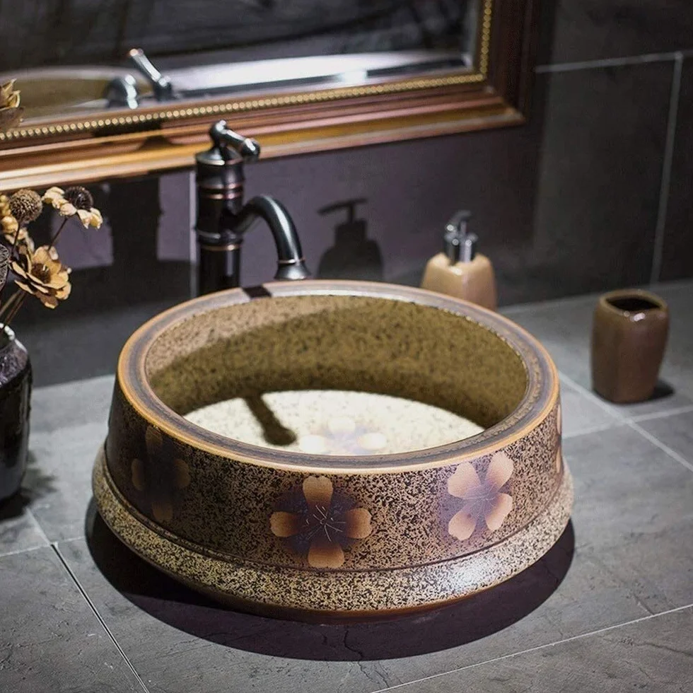 Szafka Pod Umywalkę Z Umywalką, Umywalka Łazienkowa, Umywalka Nablatowa, Brązowa Okrągła, Porcelanowa, Ceramiczna, Umywalka Nablatowa, Umywalka Nablatowa