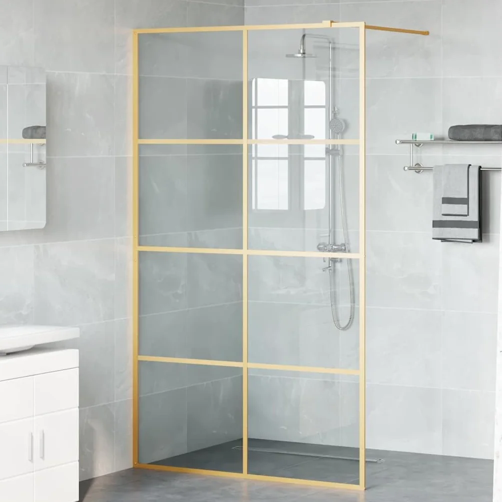 Ścianka prysznicowa Walk-in w kolorze złotym 115 x 195 cm z hartowanego szkła bezpiecznego, bez ramy, z aluminiową ramą, zajmuje mało miejsca i nie ogranicza barier, do łazienki jako ochrona