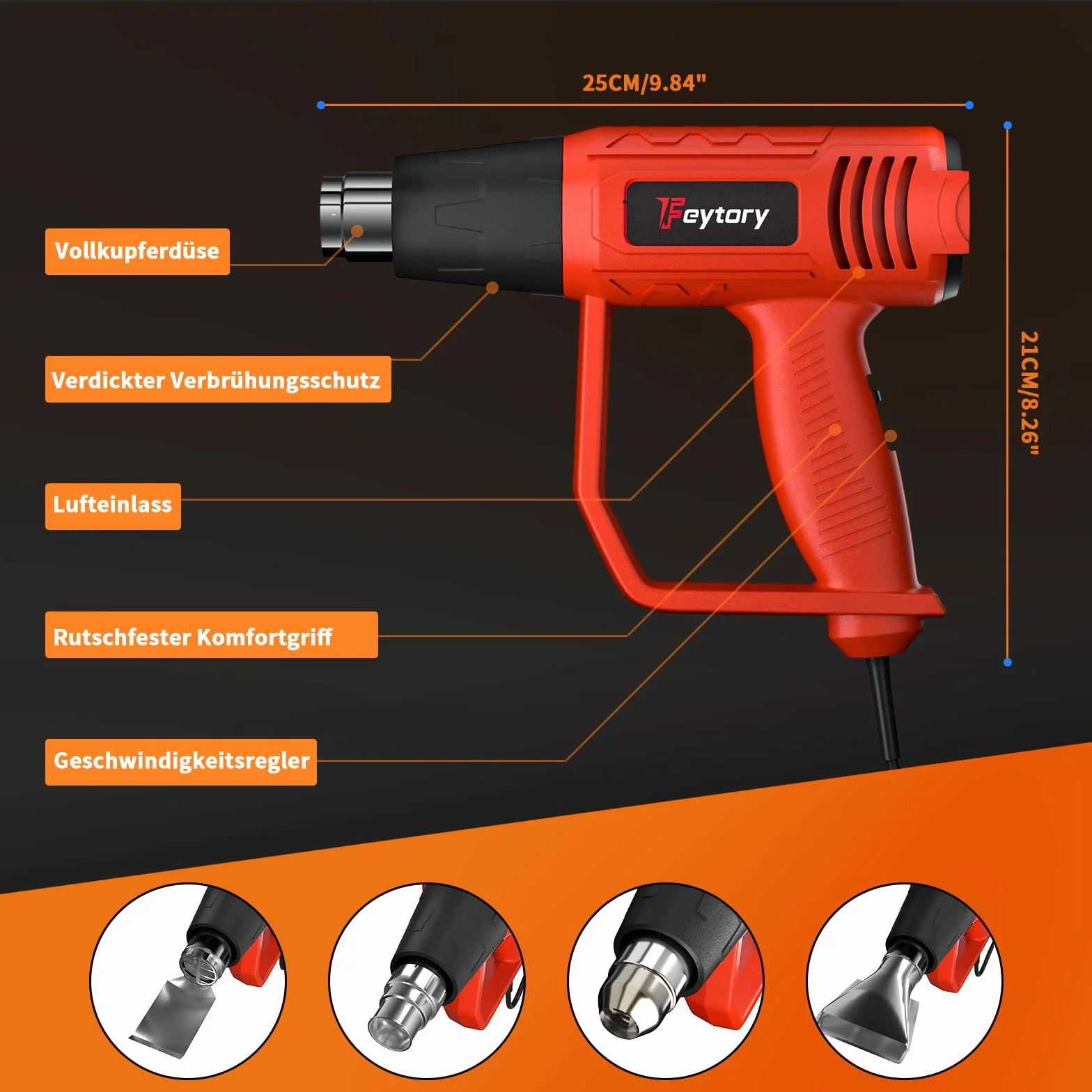 HSHa Pistolet na gorące powietrze, 2000 W, regulacja temperatury, Dgital, z 4 dyszami