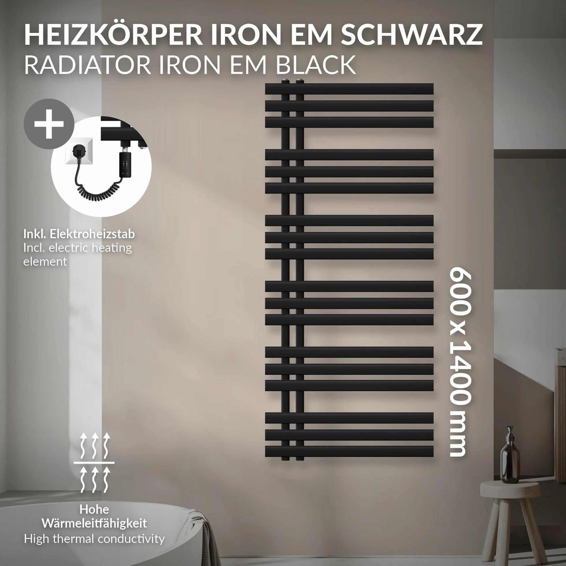 LuxeBath Grzejnik Lazienkowy Iron EM 600x1400 mm Matowa Czern, Podlaczenie Boczne Dolne, Pionowy Panel Design, Suszarka Do Reczników Podgrzewacz Wody Montaz Scienny Emisja Ciepla Jakosciowej Stali