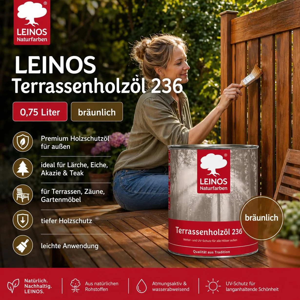 Leinos Olej do drewna tarasowego, 0,75 l, brązowawy olej do ochrony drewna premium do ochrony drewna modrzewiowego, dębu, drewna tekowego i akacji, do mebli ogrodowych i tarasów