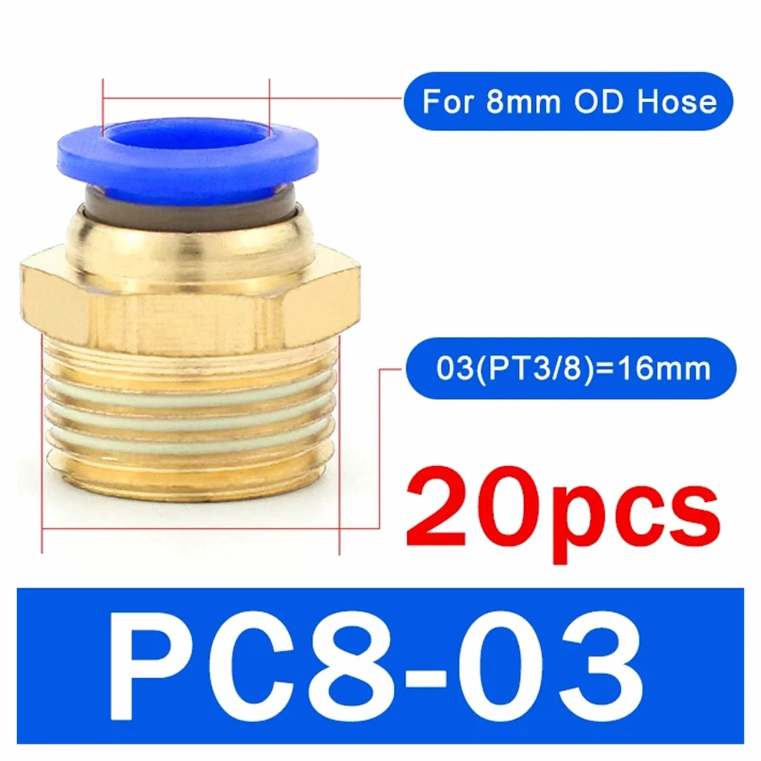 20 sztuk pneumatyczne złącze powietrza montaż PC 4mm 6mm 8mm 10mm 12mm gwint 1/8 "1/4" 3/8 "1/2" złączki do węży szybkozłącza rurowe(PC8-03 (3I8))