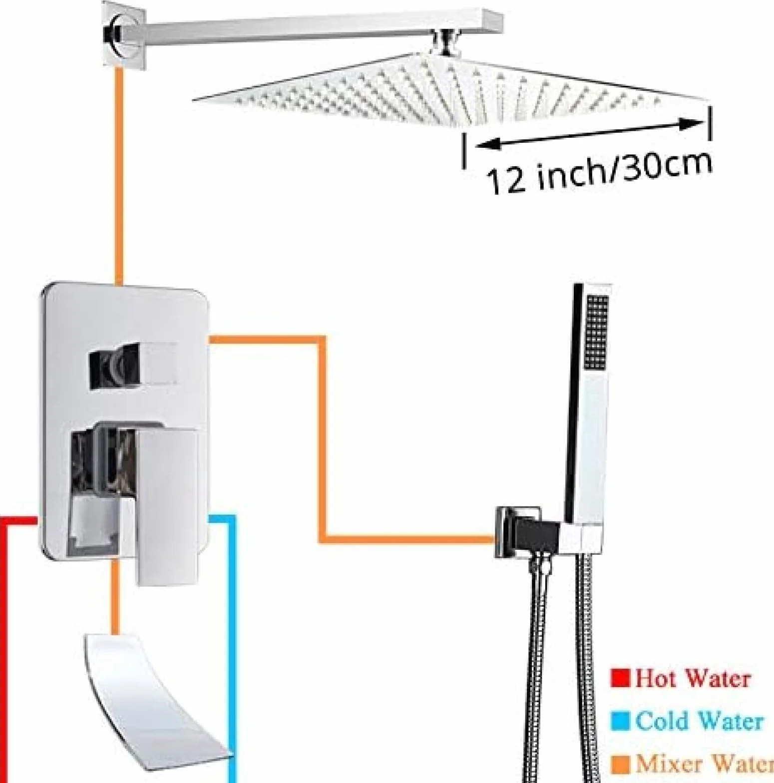 Bateria wannowo-prysznicowa deszczownica chromowany system prysznicowy wodospad bateria wannowa bateria mieszająca natrysk 16-calowy zestaw natryskowy,Zestaw prysznicowy 12 cali