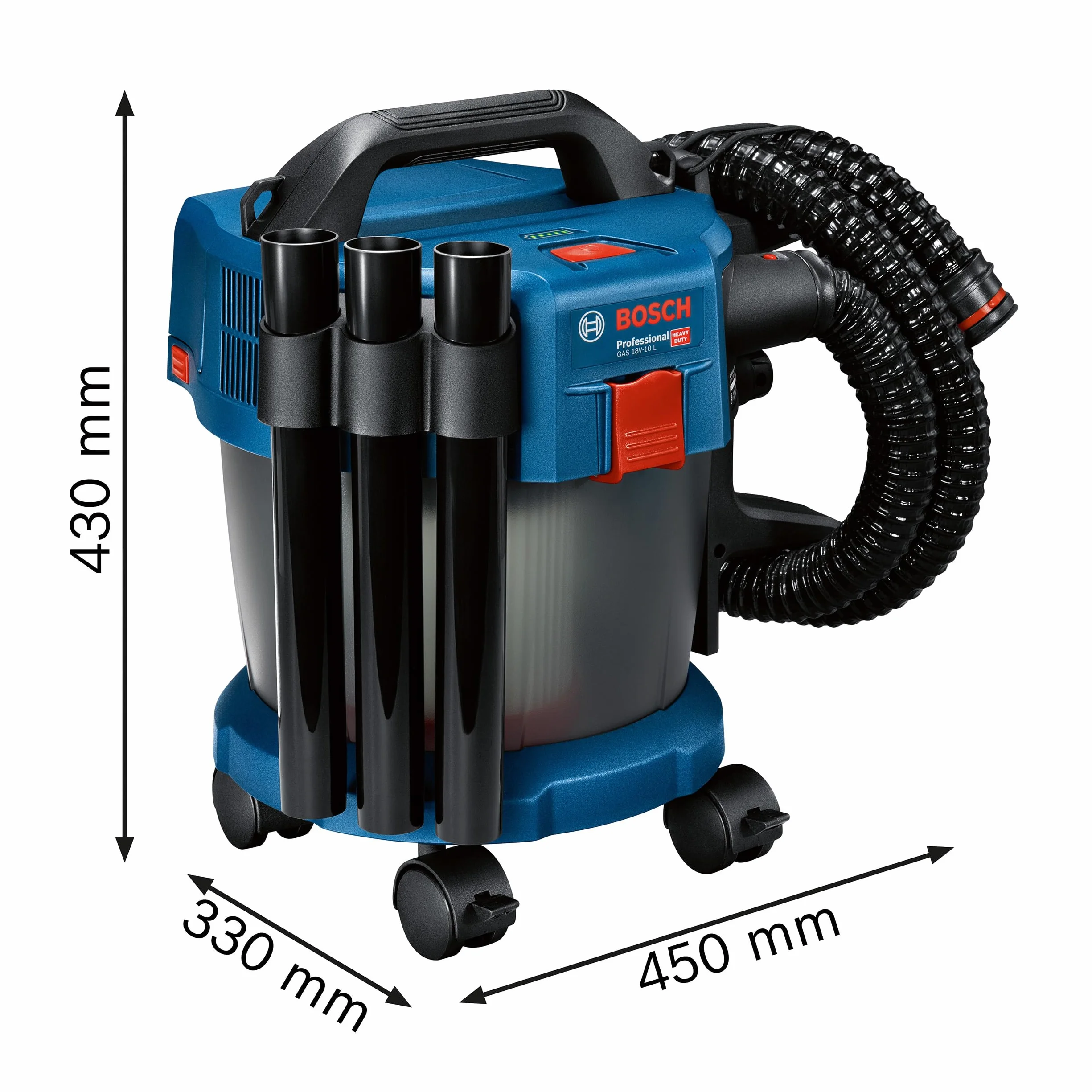System profesjonalny 18 V firmy Bosch: odkurzacz przemysłowy GAS 18V-10 L wąż 1,6 m, 3 rury, bez akumulatora i ładowarki