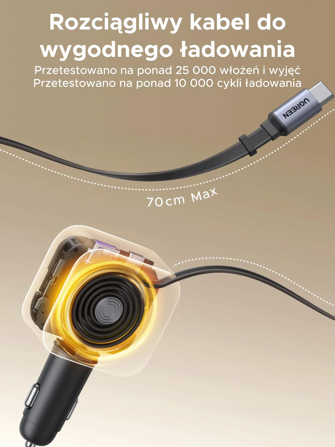 UGREEN 3-portowa zapalniczka samochodowa 60W Chowana ładowarka USB C 12V do iPhone 17/16/15 Galaxy S25/24