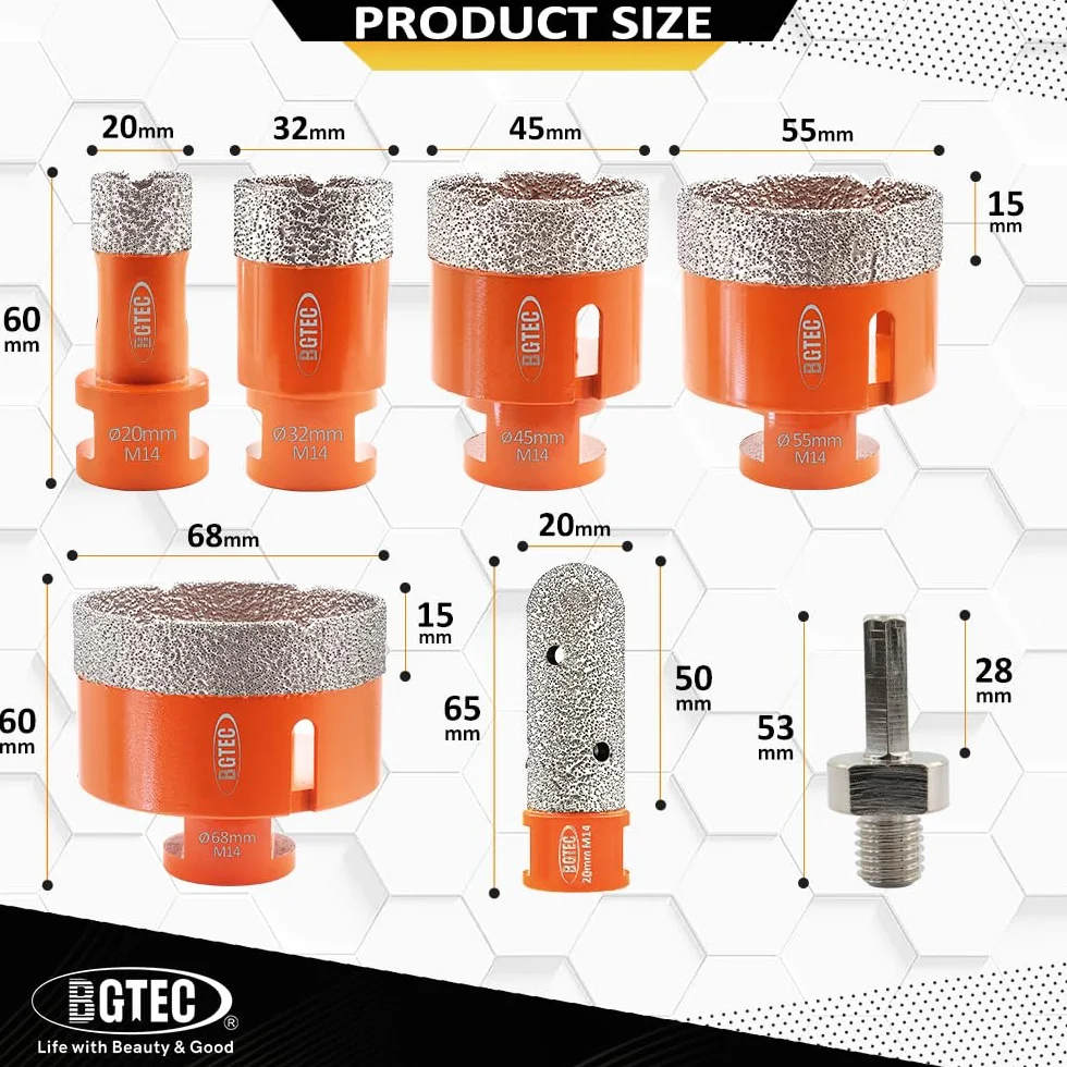 BGTEC Zestaw wierteł diamentowych 7 szt. / pudełko 20/32/45/55/68 mm lutowane próżniowo otwornica 1 szt. adapter z trzpieniem sześciokątnym i 20 mm wiertło diamentowe do płytek porcelanowych granitowych marmur