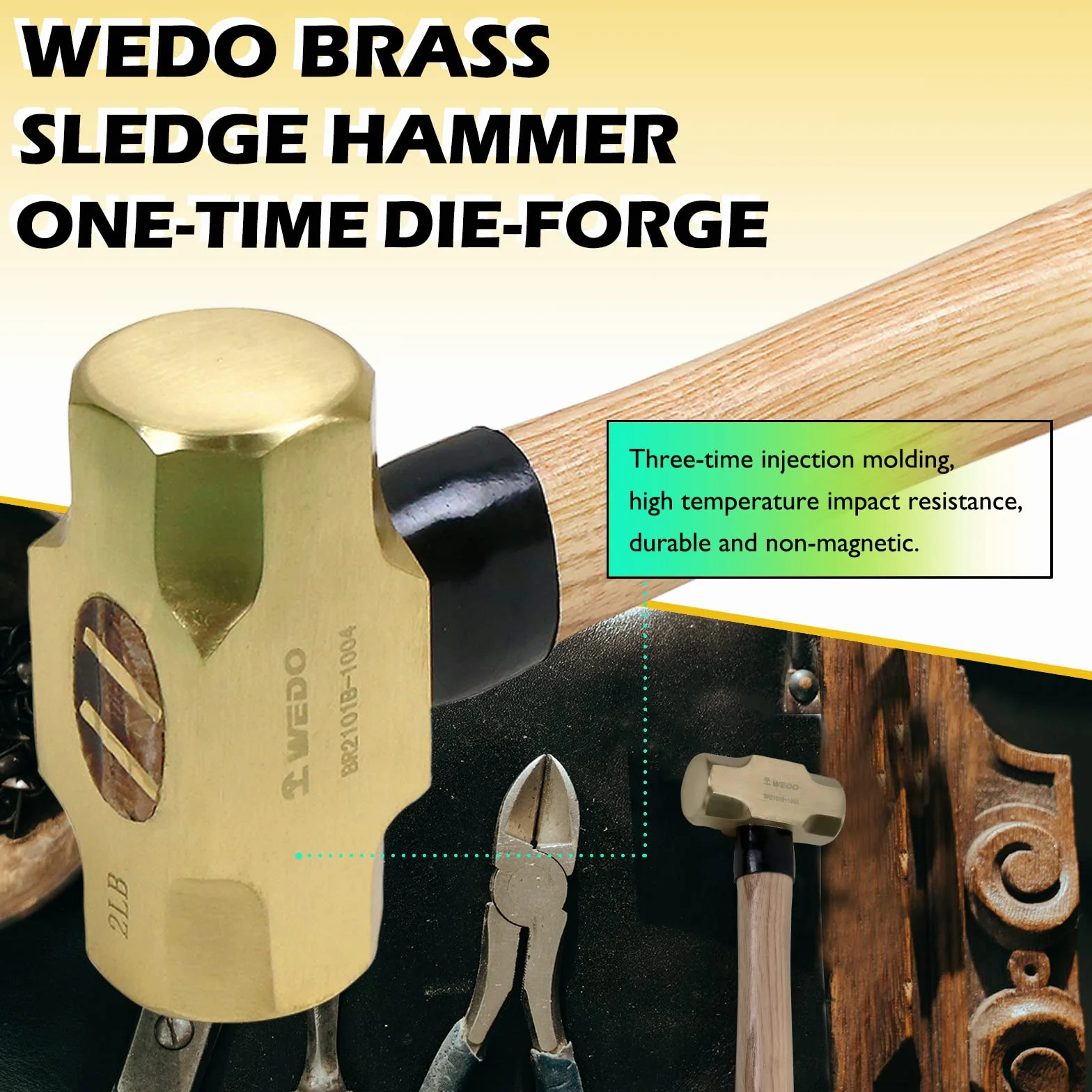WEDO Mosiężny młot kowalski z drewnianym uchwytem, niemagnetyczny, kuty matrycowo, odporny na korozję, standard DIN, 1350 g, 360 mm