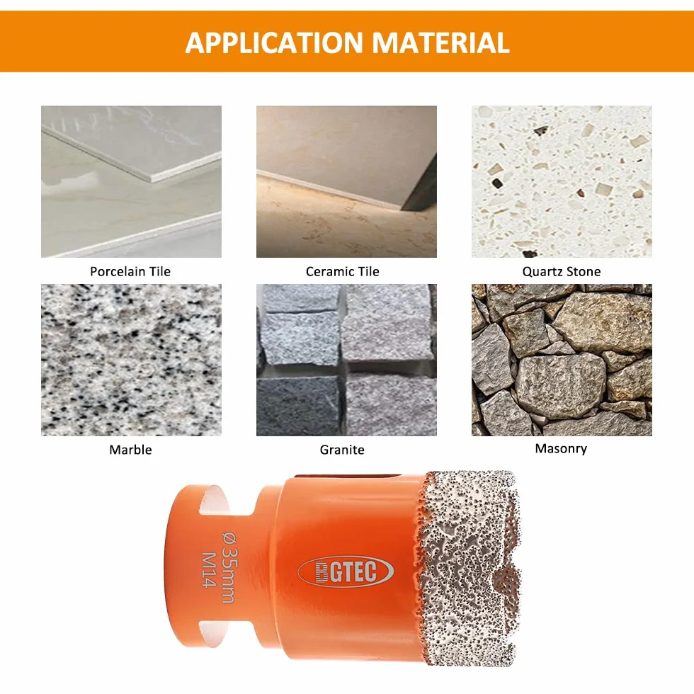 BGTEC 9 szt. Zestaw wierteł do suchego diamentowego rdzenia do płytek porcelanowych ceramicznych marmurowych z gwintem M14 o średnicy mieszanej 6/8/10/12/20/35/45/68 mm z 1 szt. sześciokątnym oparciem M14