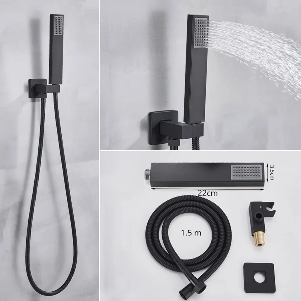 Ukryty system prysznicowy, termostatyczna bateria prysznicowa LED, matowy czarny zestaw prysznicowy z głowicą prysznicową i deszczownicą, zaawansowana technologia wtryskowa