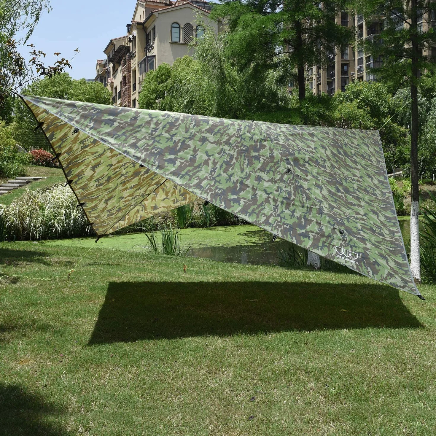 Gold Armour Rainfly Tarp do hamaka, wysokiej jakości osłona przeciwdeszczowa 4,5 m/ 3,5 m/ 3 m/ 2,5 m, wodoodporny, ultralekki sprzęt survivalowy i akcesoria do namiotu (moro, 3,5 × 3 m)